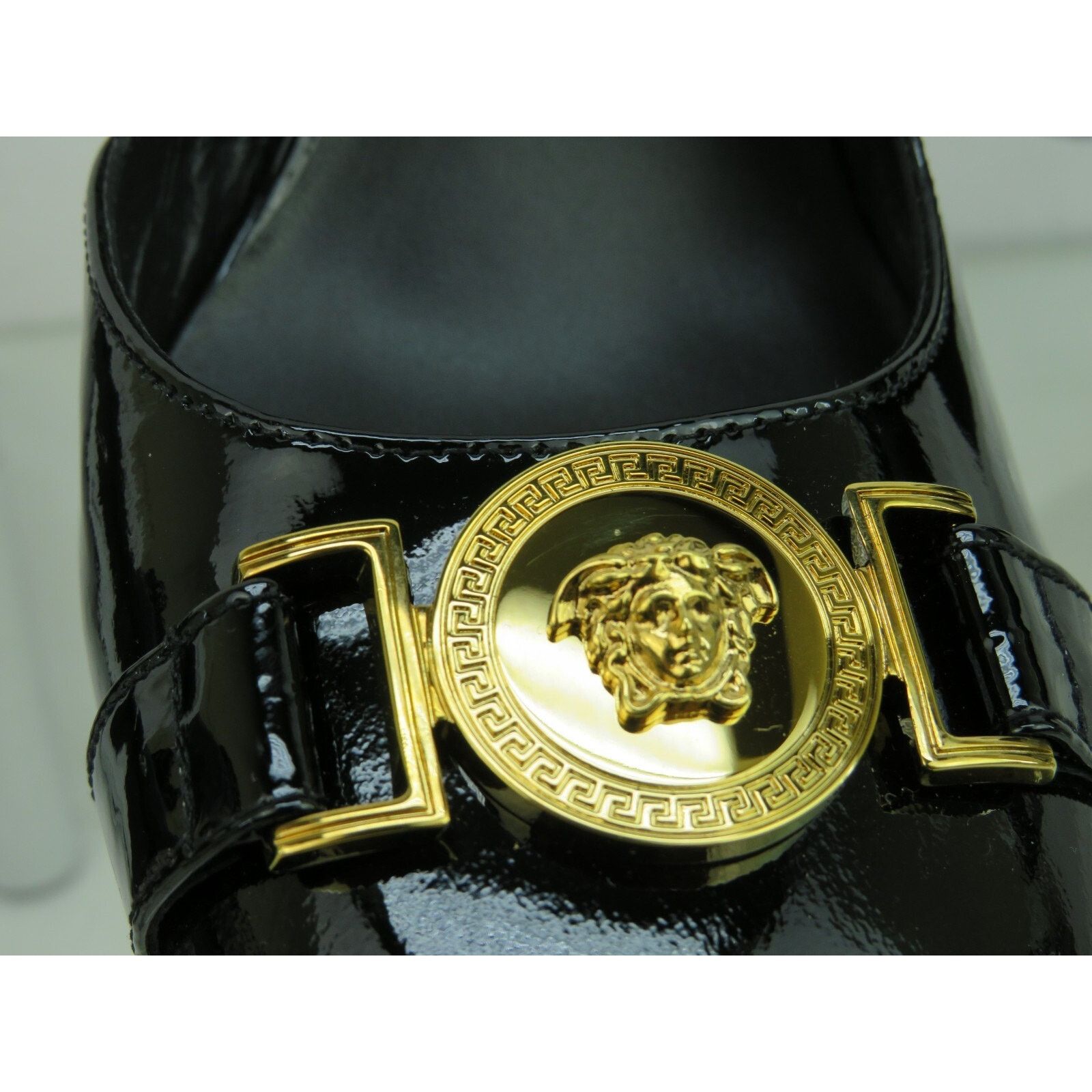 VERSACE BLACK PATENT LEATHER GOLD MEDUSA SANDALS PUMPS 40 10