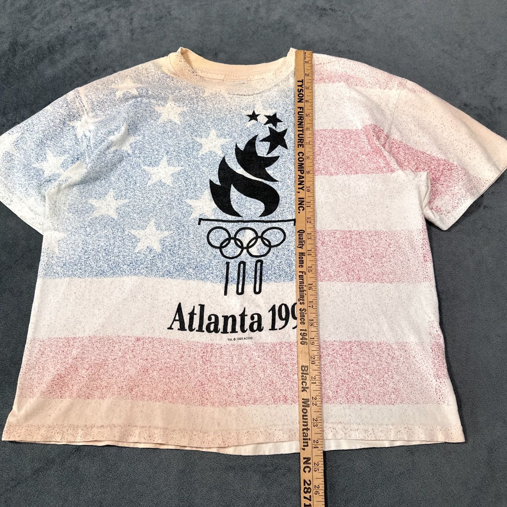 Hanes VINTAGE 1996 Atlanta Olympics T Shirt Hanes Beefy-T Mens Large White USA Flag Olympic Rings Retro Sports Patriotic 90s Size US L / EU 52-54 / 3 - 5 Thumbnail