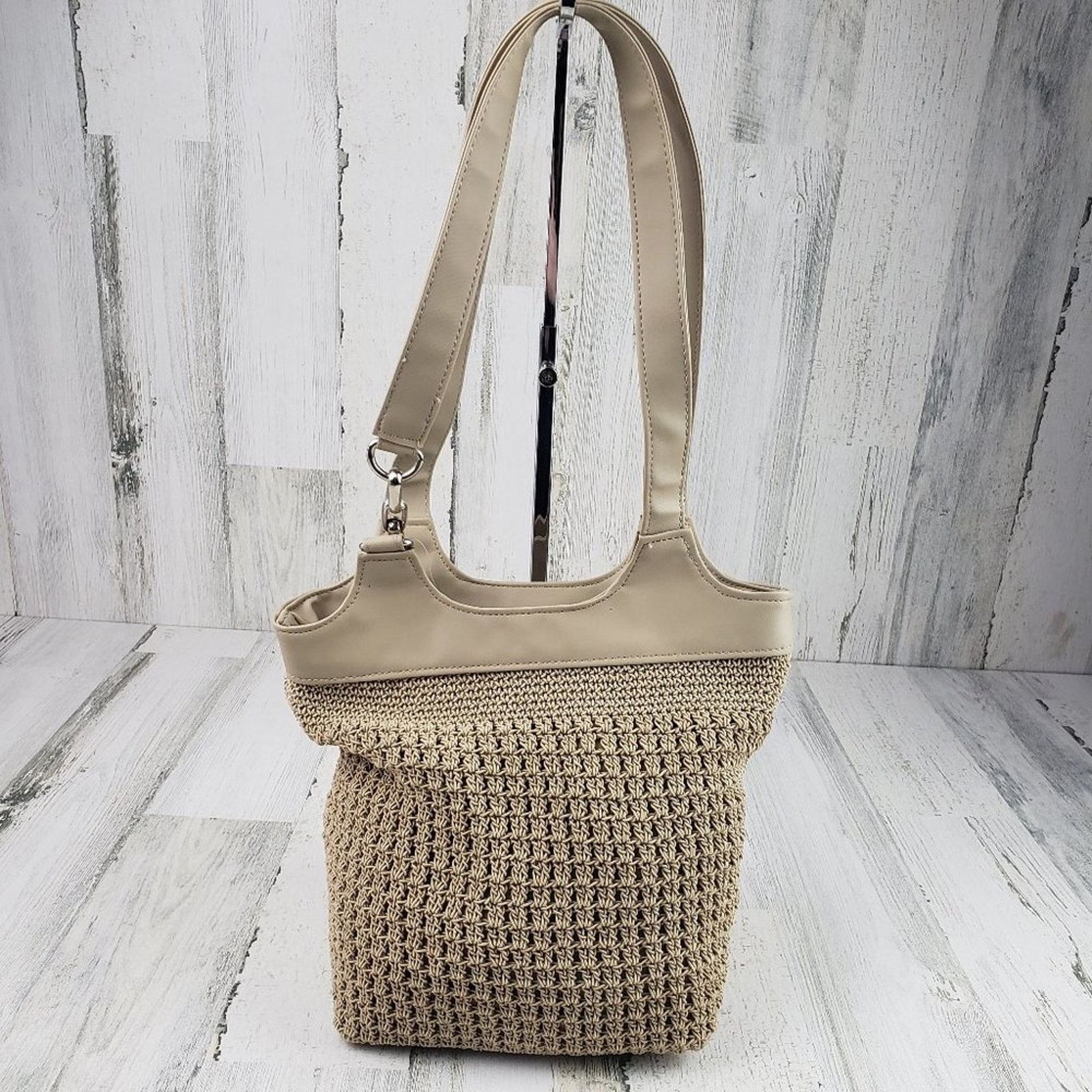 Jackson Beige Crochet Knit Double Strap Shoulder Bag Purse in White, Women's