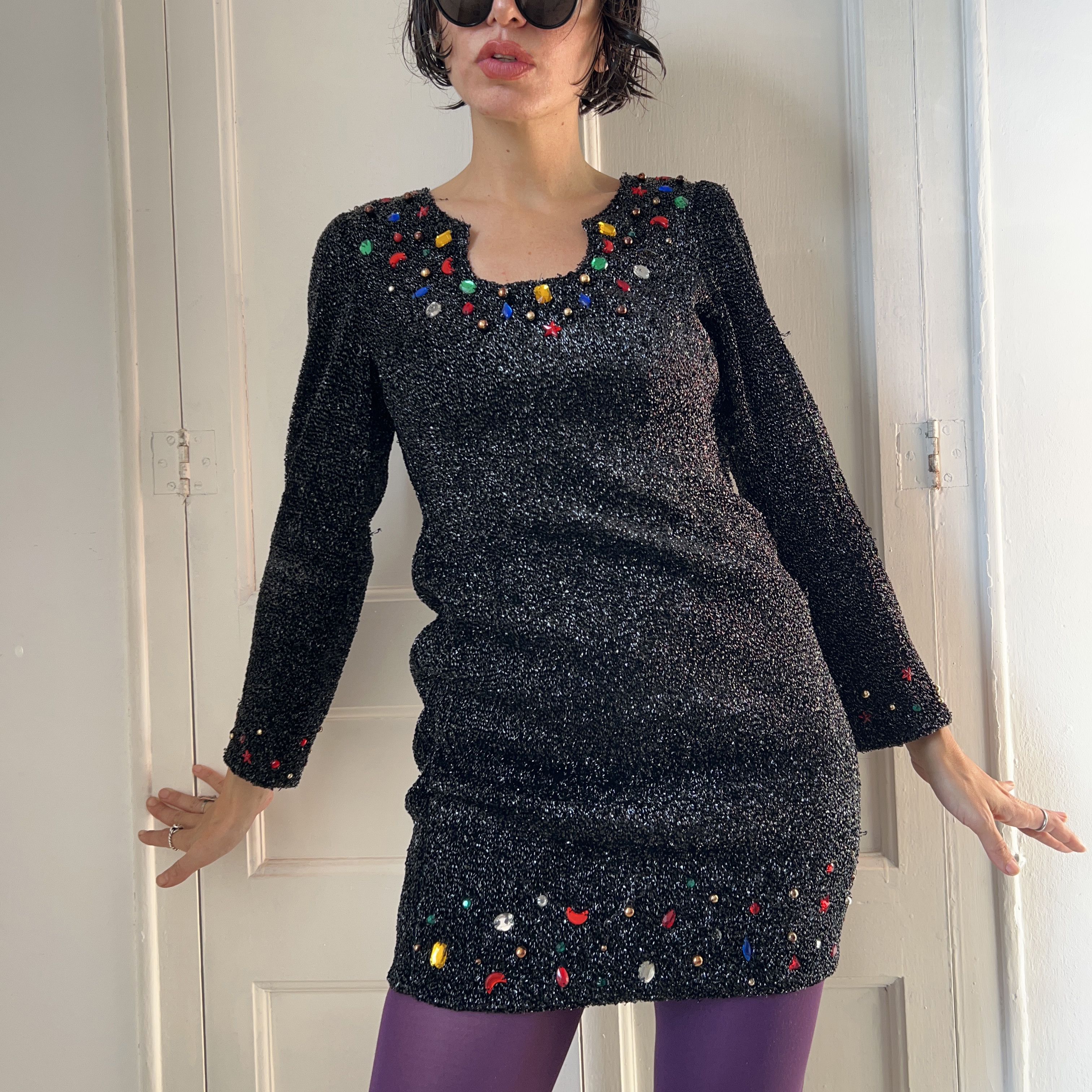 Vintage Vintage 80s Jeweled Black Lurex Mini Dress Size S / US 4 / IT 40 - 3 Thumbnail