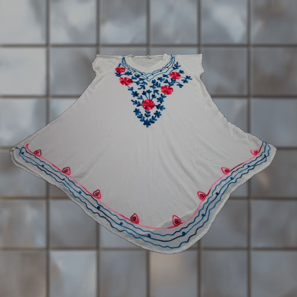 Vintage Exist Dress Womens One Size White Floral Kaftan Embroidered Boho Rayon Swing Size ONE SIZE - 1 Thumbnail