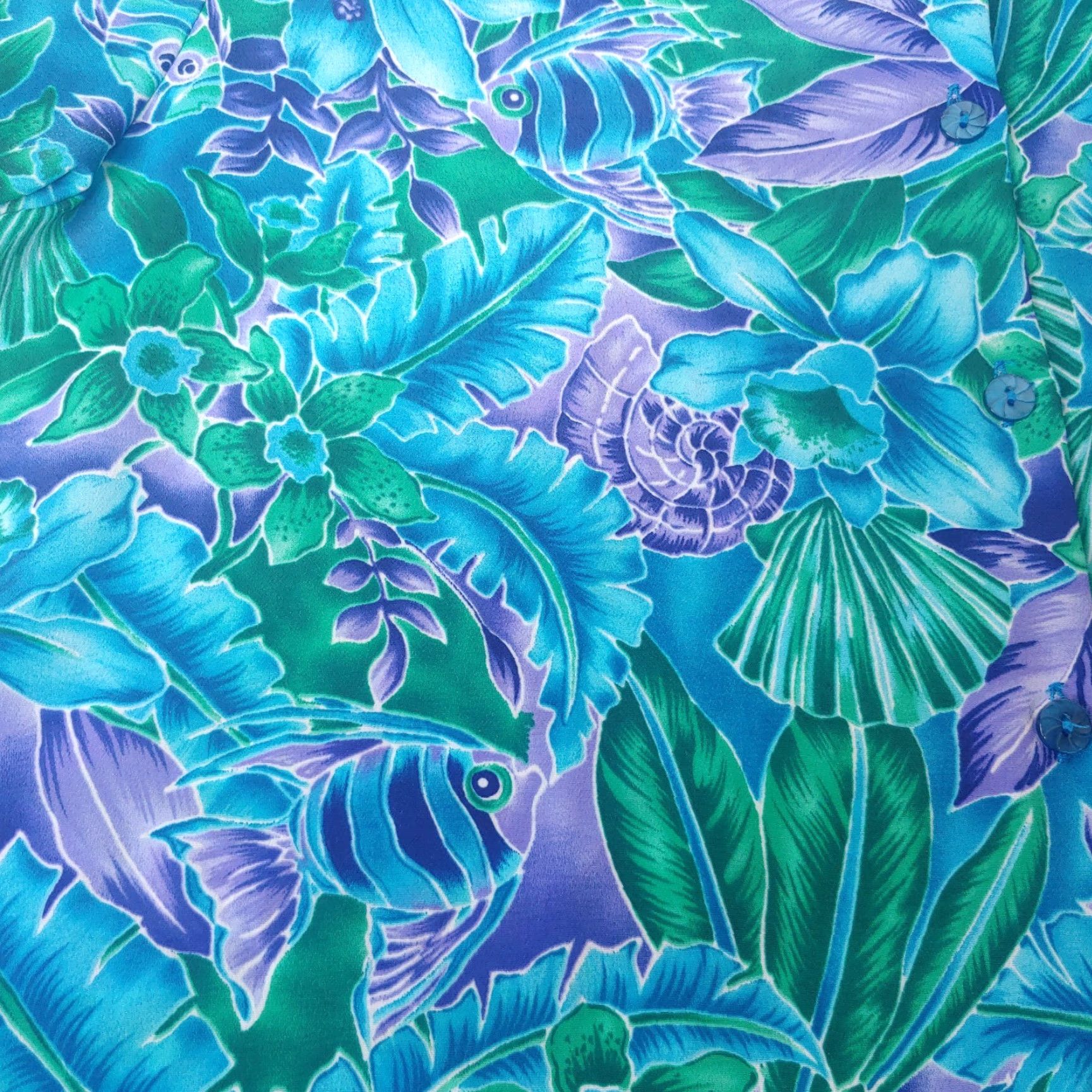 Vintage VINTAGE BonWorth Blouse Womens XS Blouse Short Sleeve Floral Fish Tropical Aloha Blue Purple Green Casual 90s Womens Size XS / US 0-2 / IT 36-38 - 4 Thumbnail
