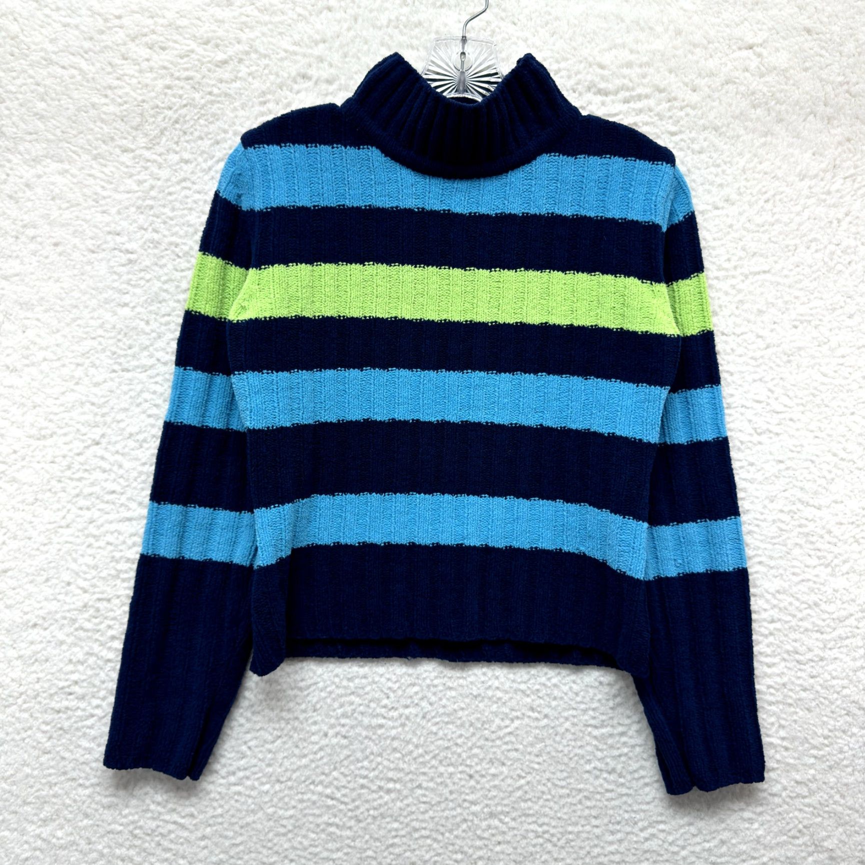 Vintage Y2K Vintage No Boundaries Chenille Mock Neck Sweater M Medium Blue Green Striped Womens Mens Girls Boys Size M / US 6-8 / IT 42-44 - 2 Thumbnail