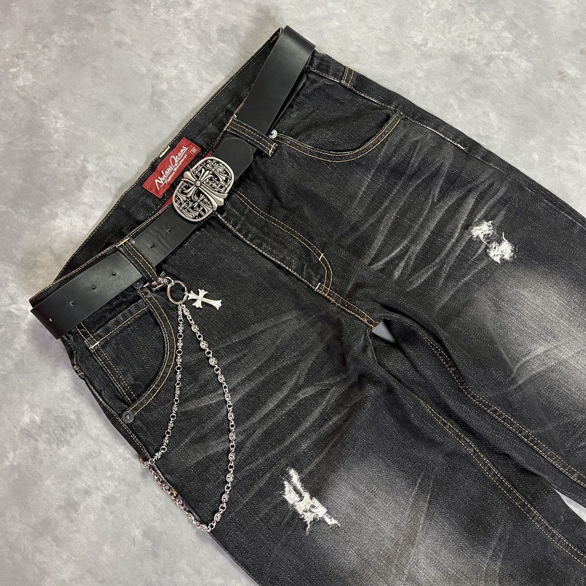Japanese Brand Nylaus Japanese Motorcycle Dark Wash Distressed Biker Denim Size US 33 - 3 Thumbnail