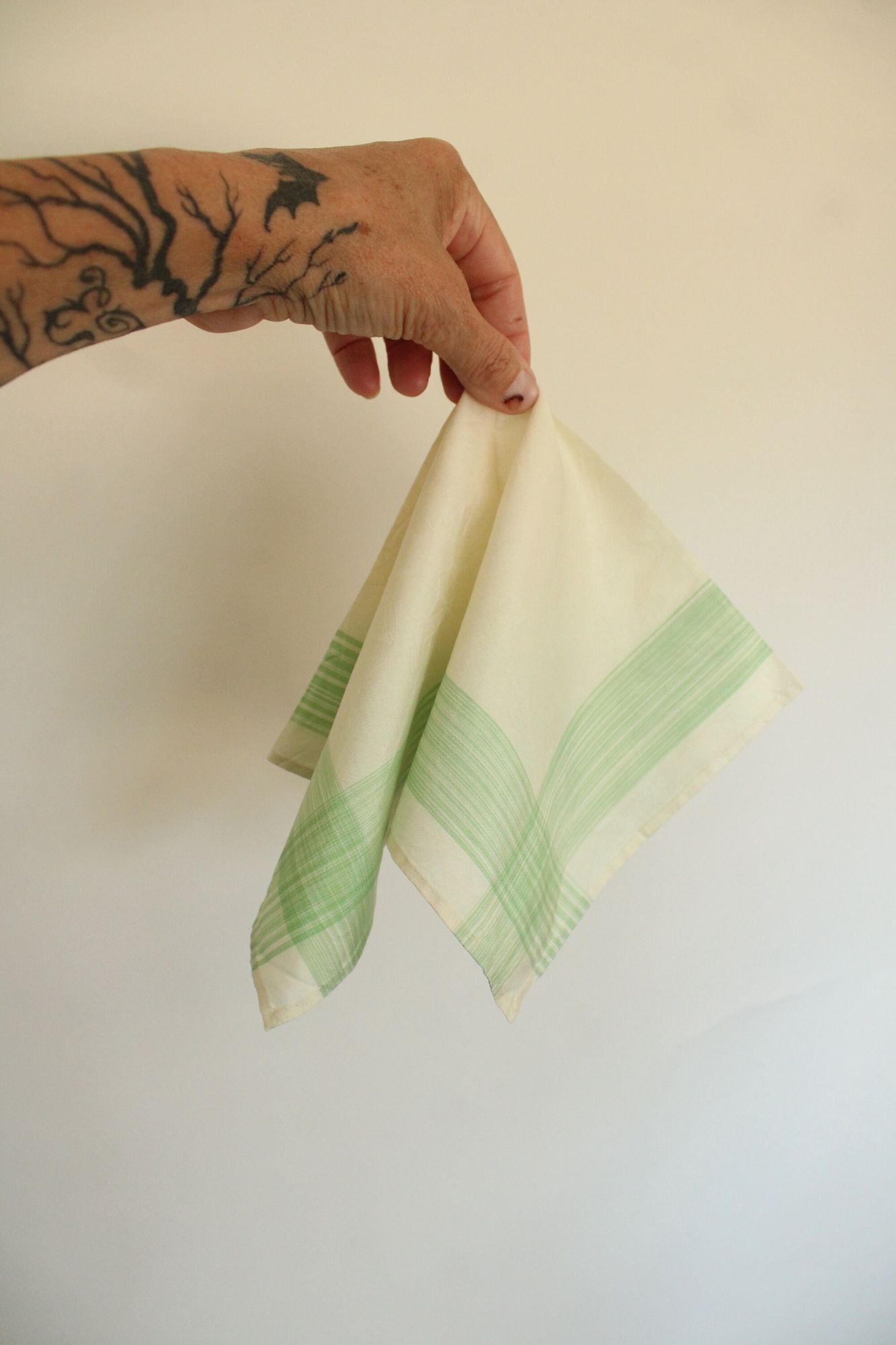 Vintage Vintage 1950s Handkerchief, Cream with Green Striped Border Size ONE SIZE - 10 Thumbnail