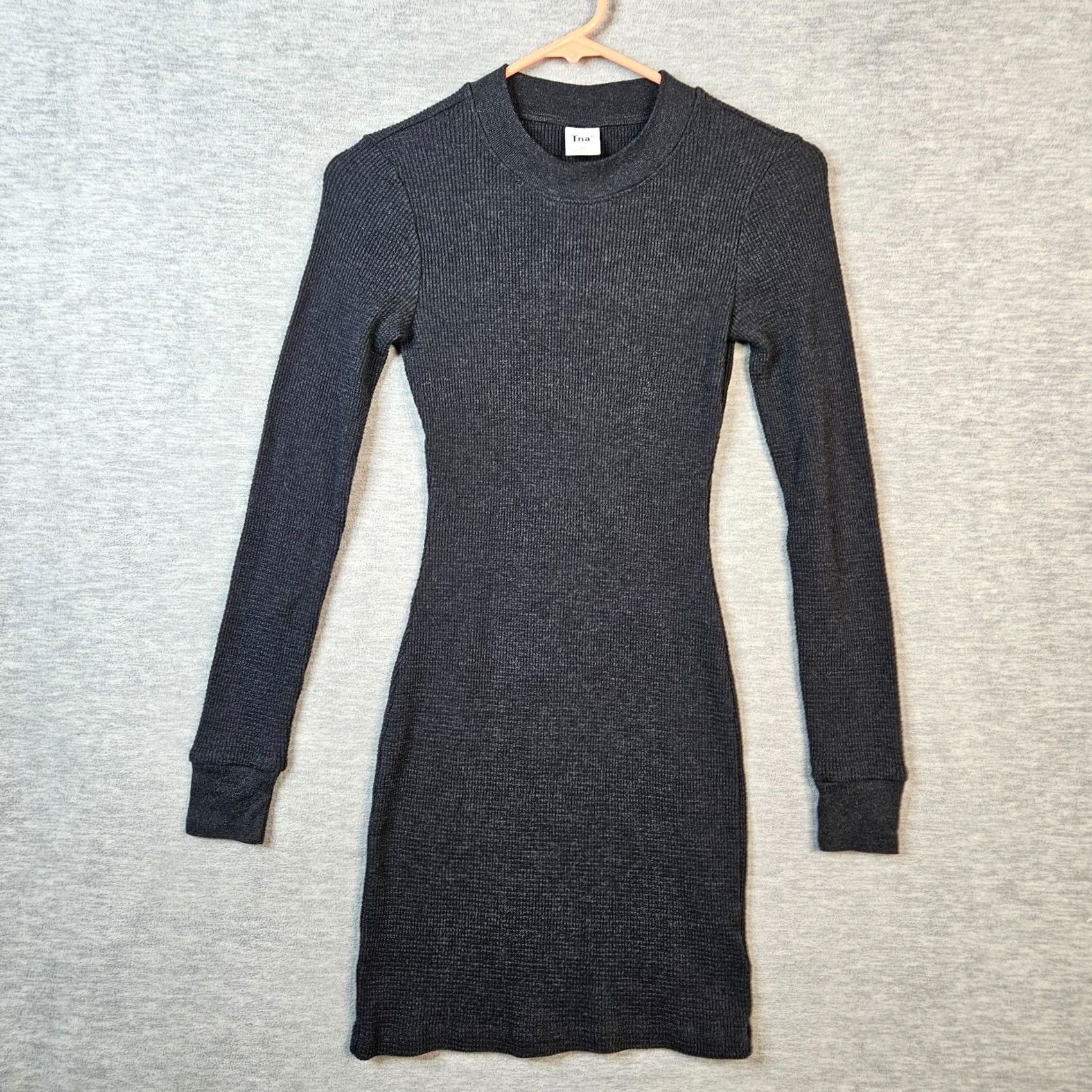 TNA TNA Dark Gray Ribbed Crew Neck Long Sleeve XS A-Line Dress Women Cotton Polyester Solid Casual Size XS / US 0-2 / IT 36-38 - 2 Thumbnail