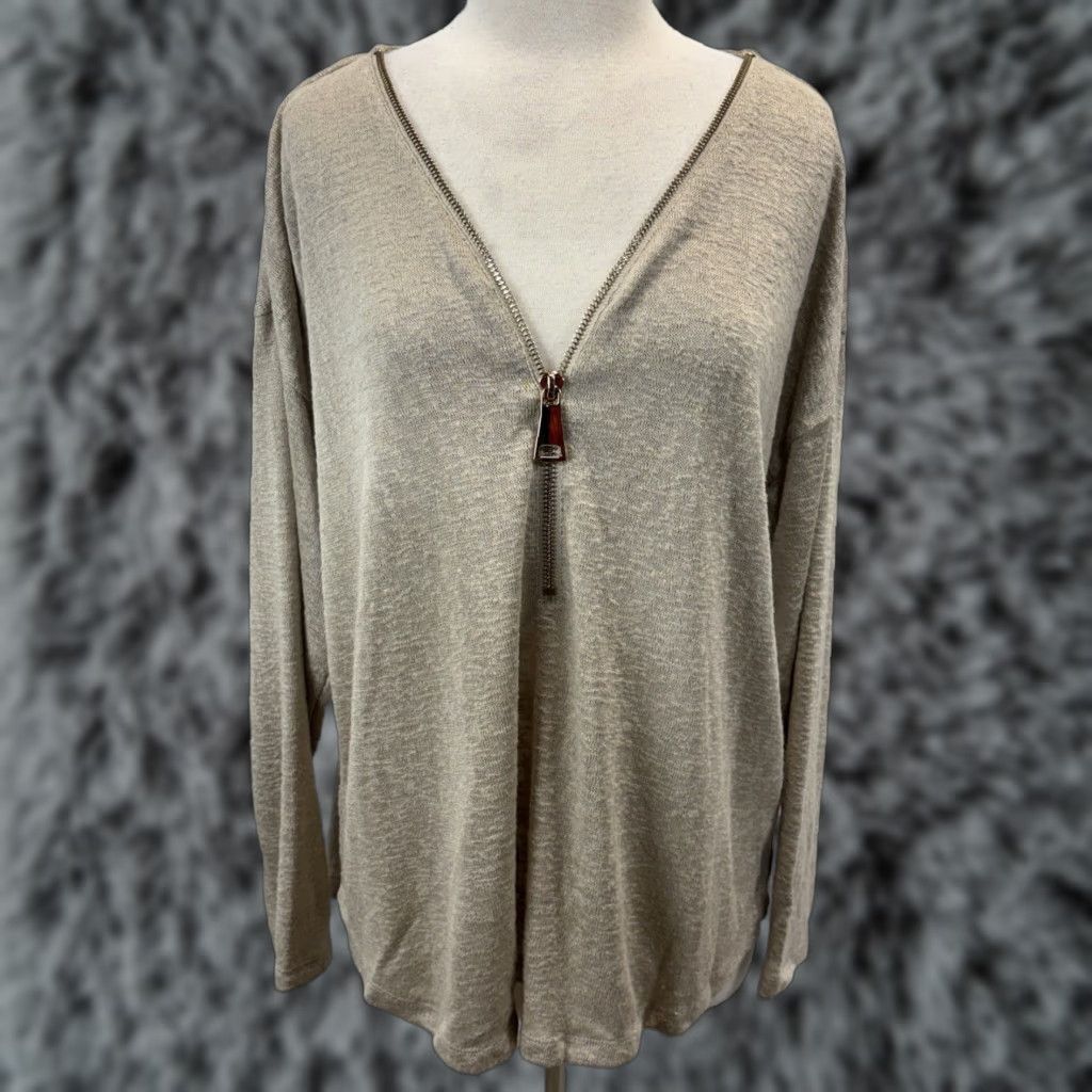 Soft Surroundings NEW! Soft Surroundings Stone Valentina Zip Slub Jersey Knit Sweater Sz 1X Plus Size XL / US 12-14 / IT 48-50 - 1 Thumbnail