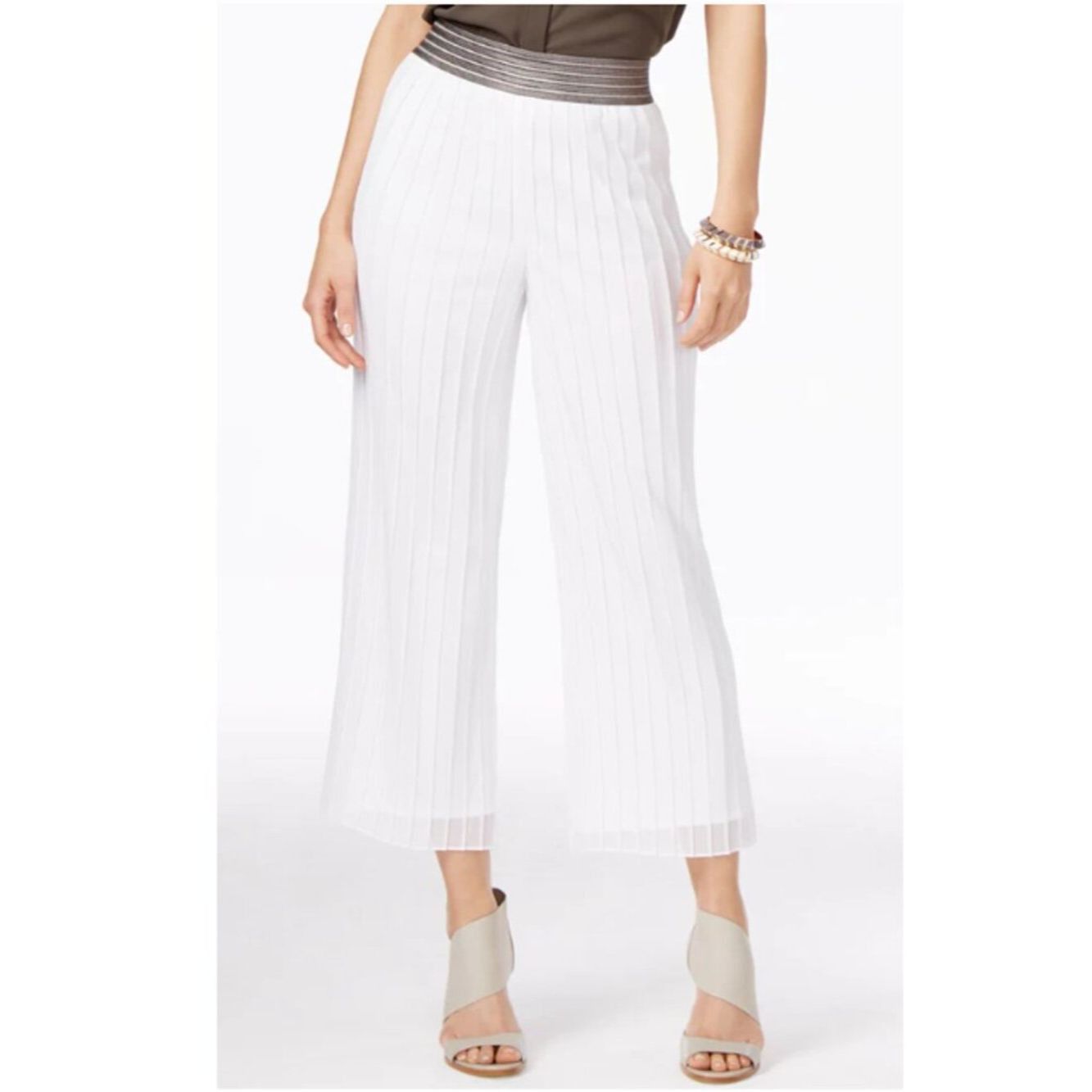 Alfani Alfani Metallic Waistband Pleated Chiffon White Culottes Si Size 28" / US 6 / IT 42 - 2 Thumbnail