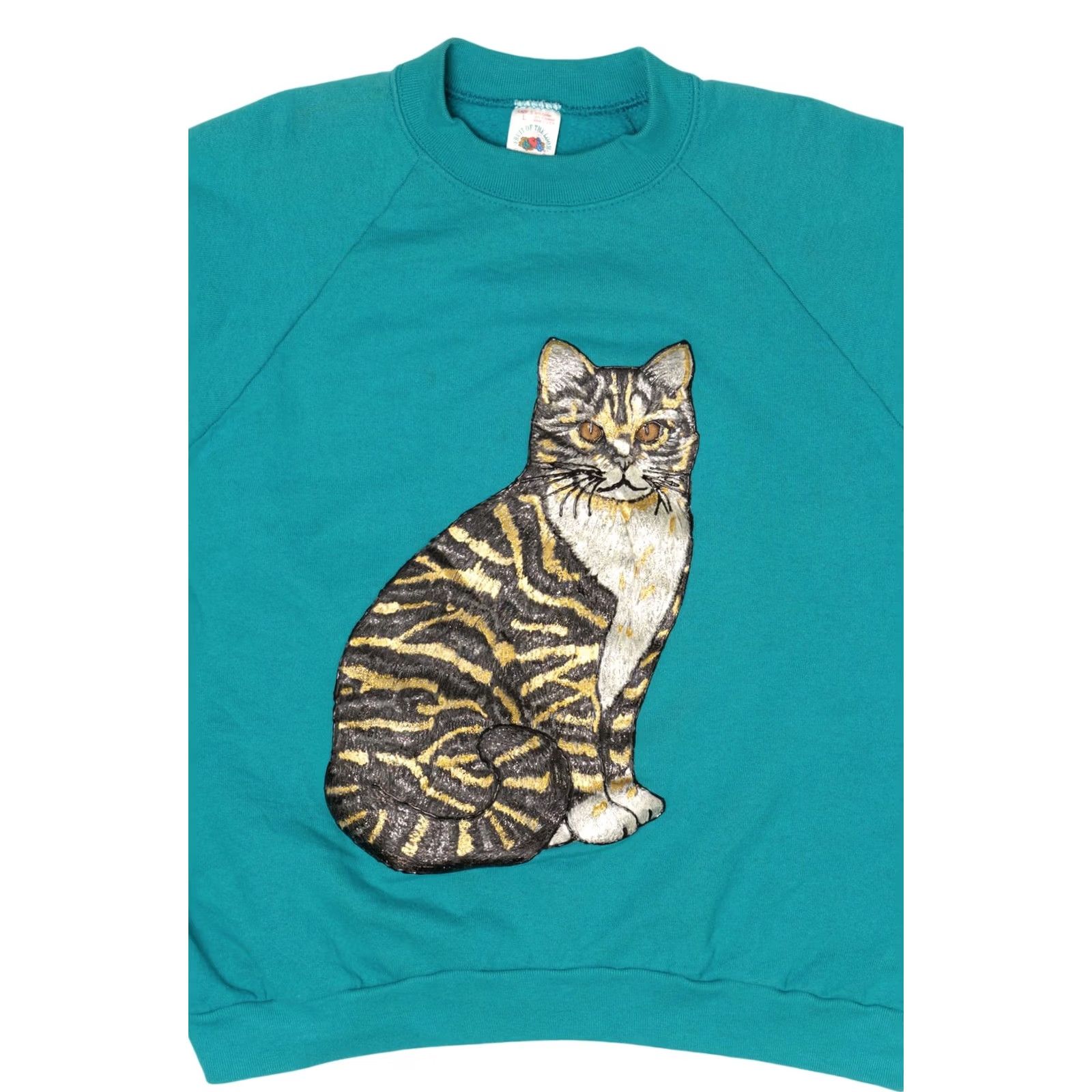 Fruit Of The Loom VINTAGE Hand Painted Cat Raglan Sweatshirt Large Turquoise Blue 1990s Mens Womens Girls Boys Fruit of the Loom USA Cotton Polyester Size US L / EU 52-54 / 3 - 5 Thumbnail