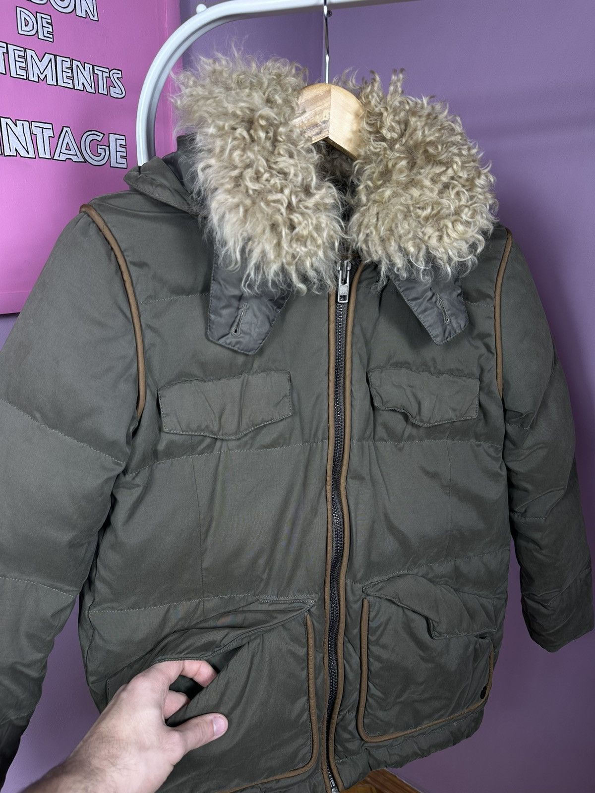 The Kooples The Kooples Down Jacket Puffer Parka Shearling Fur Khaki Size S / US 4 / IT 40 - 15 Thumbnail