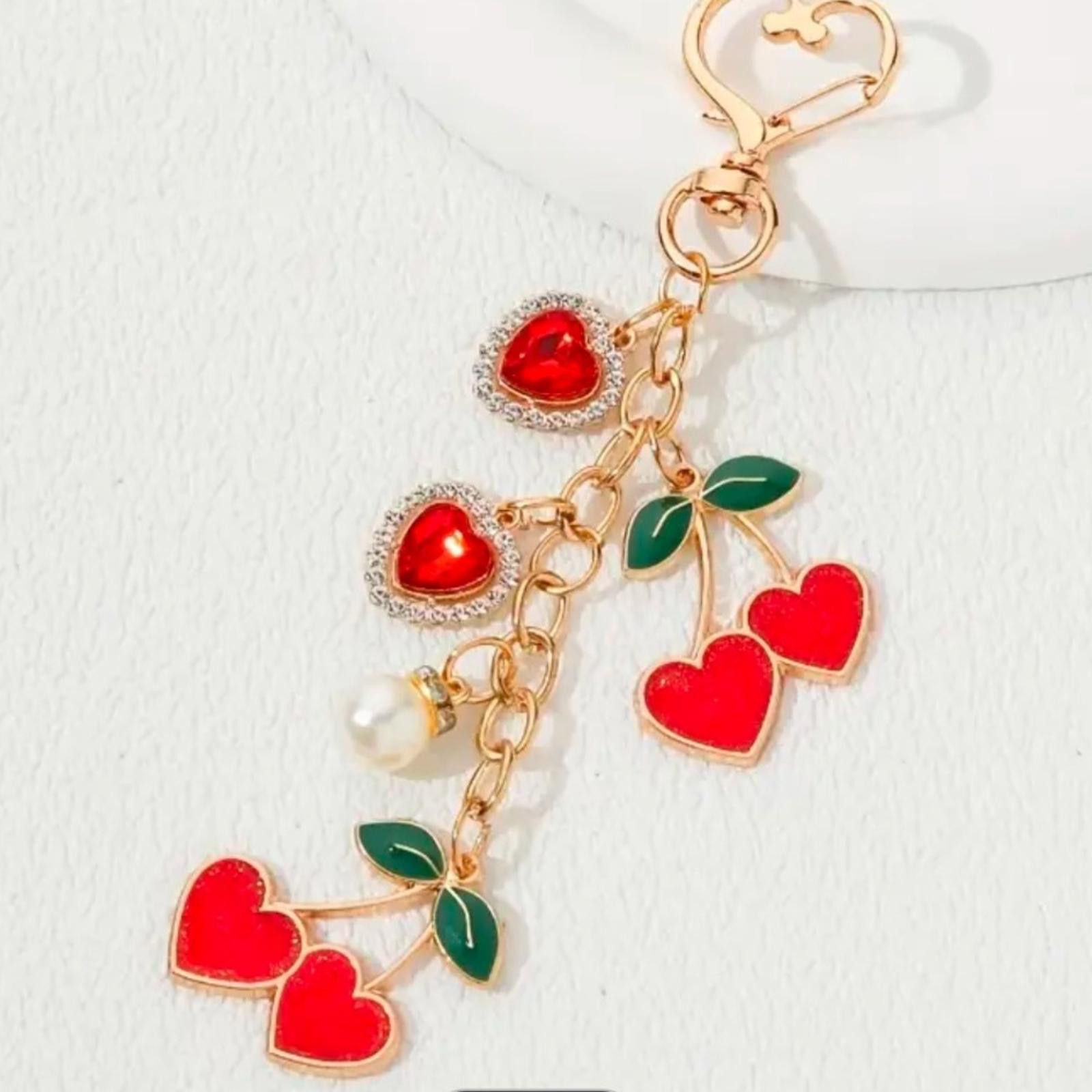 Designer Gold Heart Cherry Dangle Bag Charm Keychain Size ONE SIZE - 2 Thumbnail