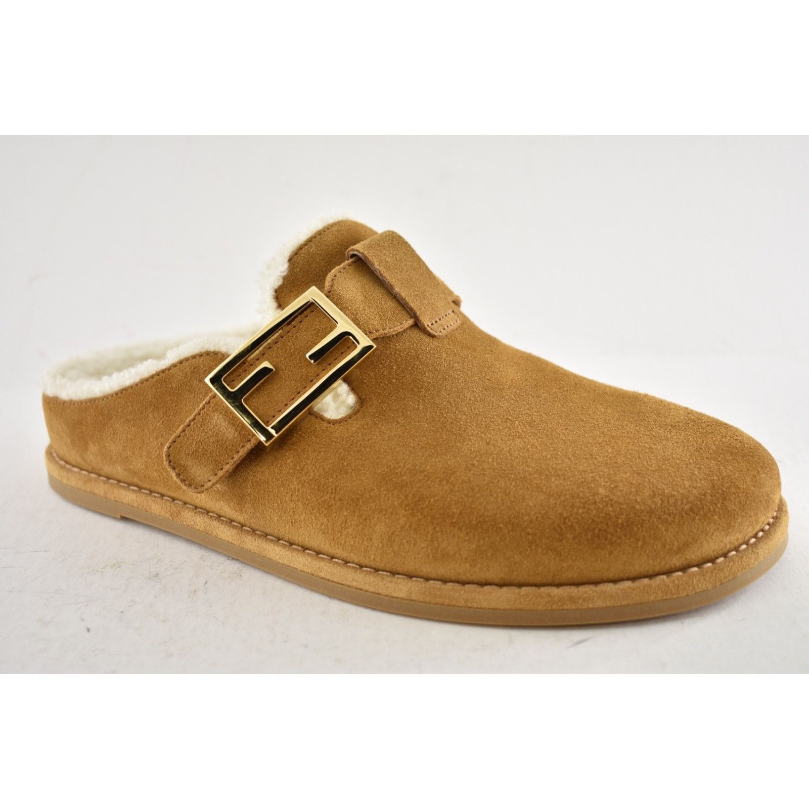 Fendi Fendi Feel Mules Caramel Brown Suede Shearling FF Gold Logo Size US 9.5 / IT 39.5 - 5 Thumbnail
