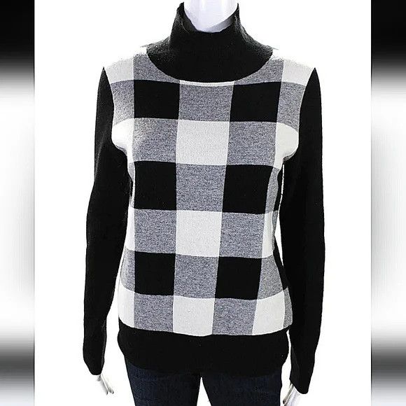 Bloomingdale's C by Bloomingdale's B&W Checkered Cashmere/Wool Turtleneck Size S / US 4 / IT 40 - 1 Thumbnail