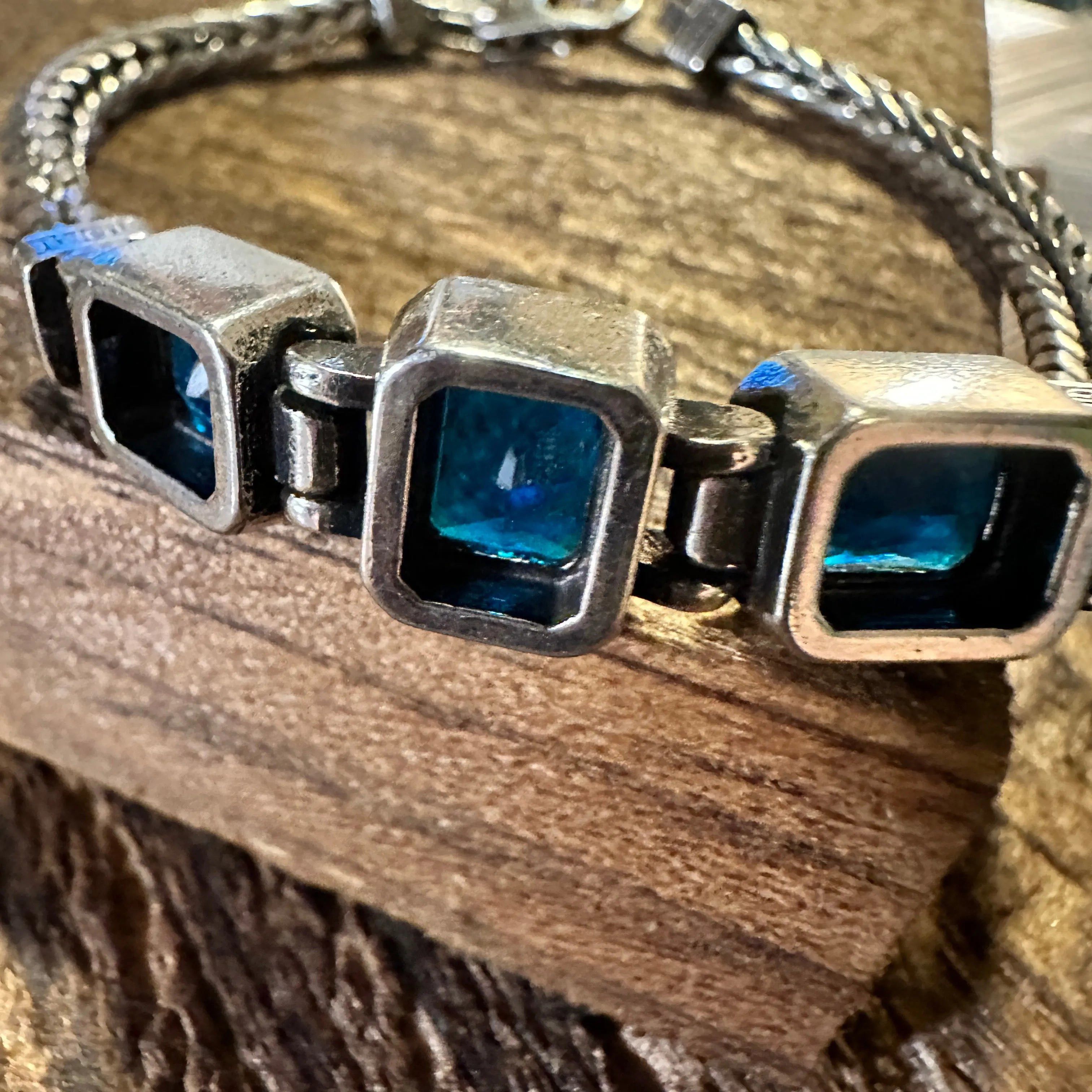 Other Boho Chic Woven Retro Blue Three Crystal CZ Bracelet, Lobste Size ONE SIZE - 2 Thumbnail
