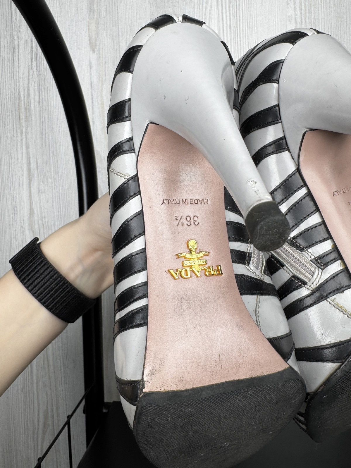 Prada Prada Grey Black Leather Tiger Stripe Ankle Boots size 36.5 Size US 6.5 / IT 36.5 - 12 Thumbnail