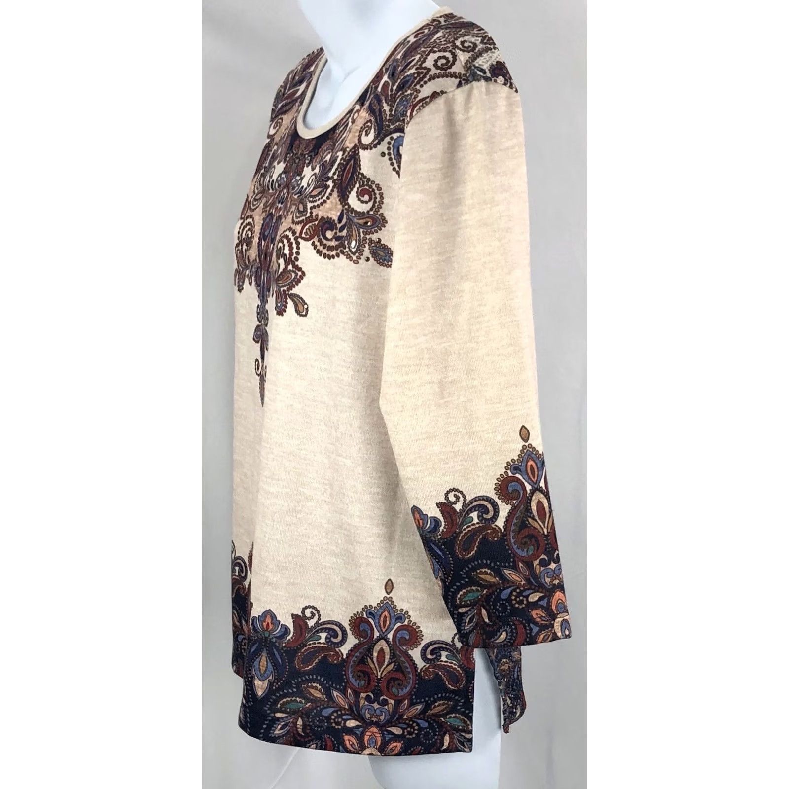 Vintage Alfred Dunner Knit Pull Over Top PM Tan Multi Geo Beaded Crochet 3/4 Sleeve Size M / US 6-8 / IT 42-44 - 2 Thumbnail
