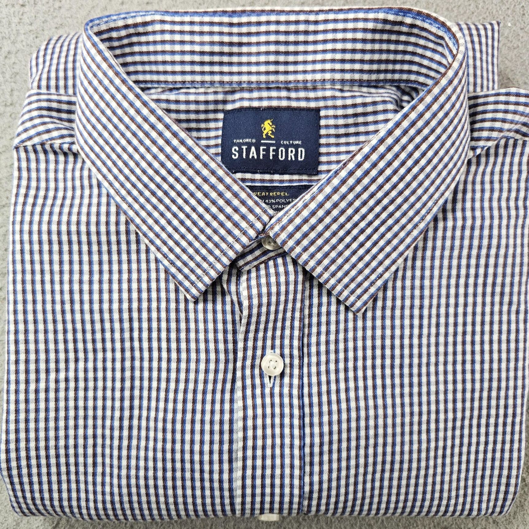 Stafford Stafford Shirt Mens XL Blue Brown Check Regular Fit Sweat Repel Gingham Size US XL / EU 56 / 4 - 2 Thumbnail