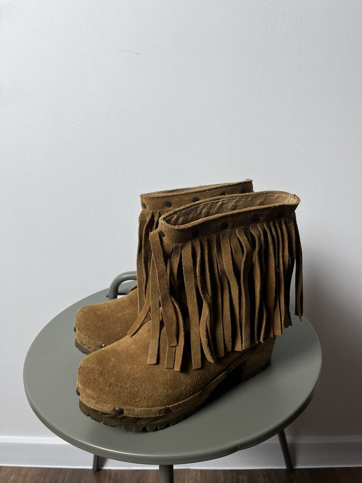 Cowboy Equipment × Vintage Western Fringe Suede Leather Boots with Wooden Platform Sole Size US 6 / IT 36 - 5 Thumbnail
