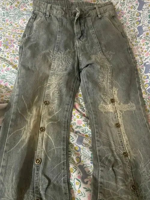 Designer washed flared printed jeans | Grailed
