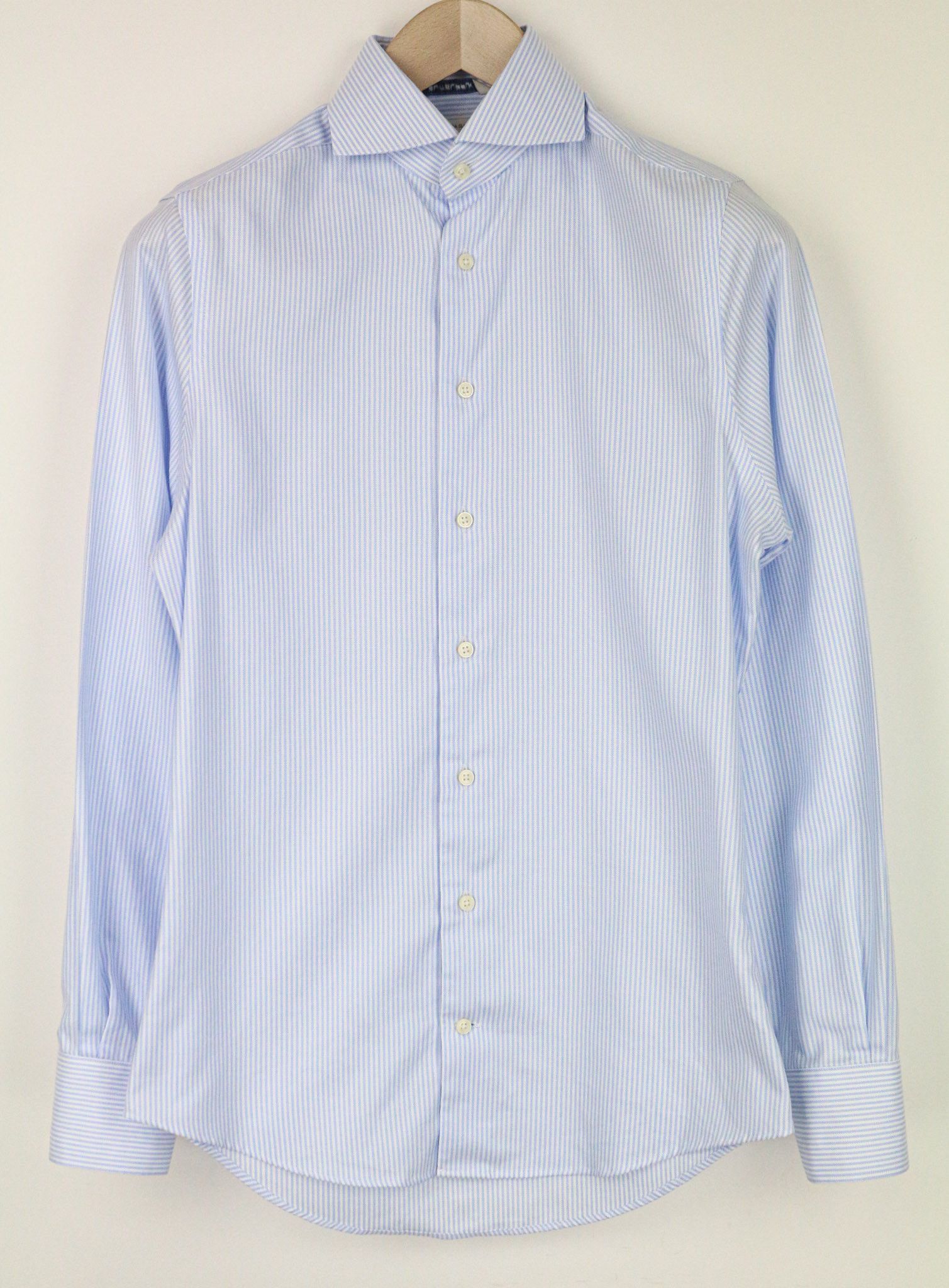 Suitsupply 35/13 1/2 Blue Striped Cotton Cutaway Shirt 74241 Size US S / EU 44-46 / 1 - 1 Thumbnail