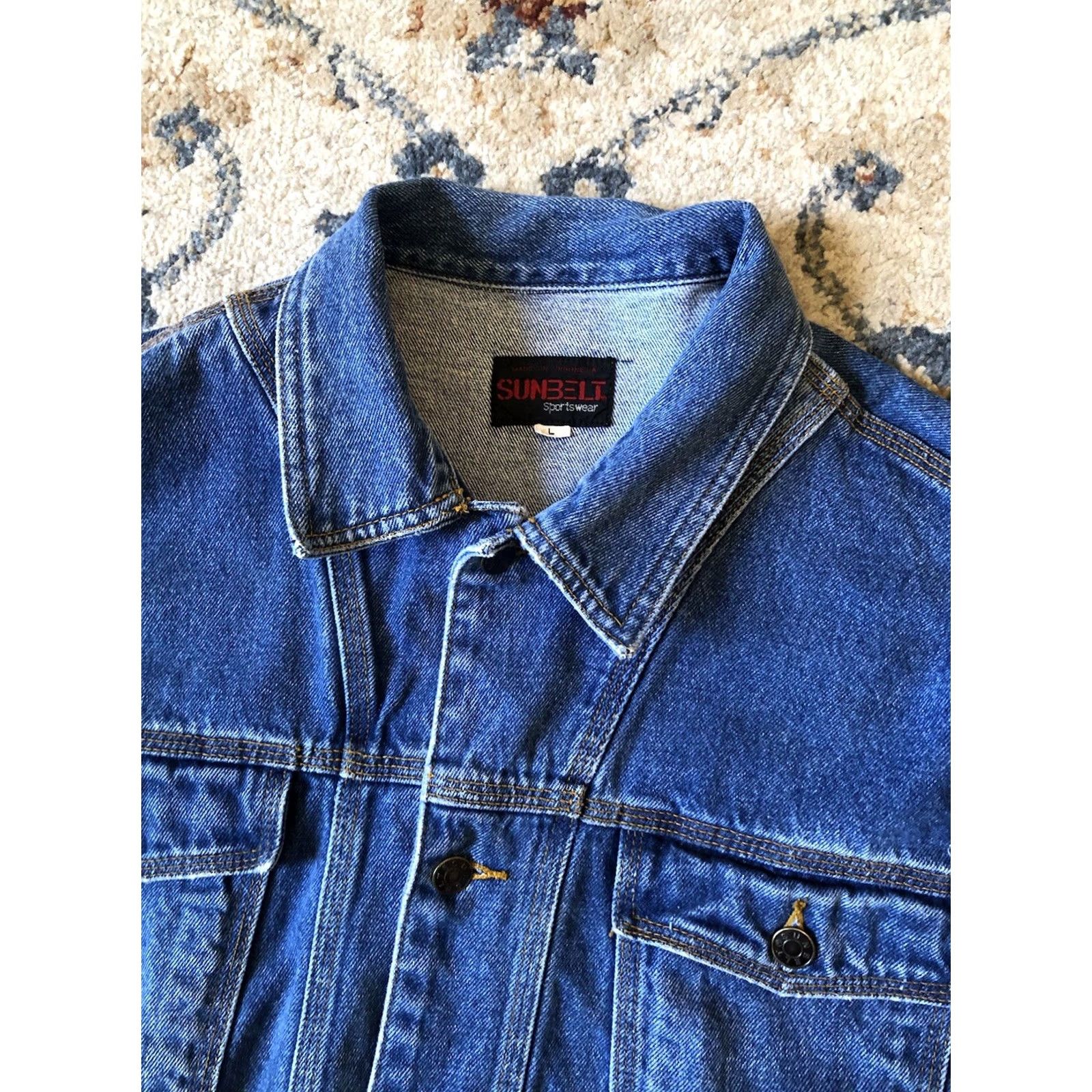 Denime VINTAGE Sunbelt Sportswear Denim Jacket Mens Large Blue Long Pockets Buttons Biker Cotton Shirt/Coat Size US L / EU 52-54 / 3 - 7 Thumbnail
