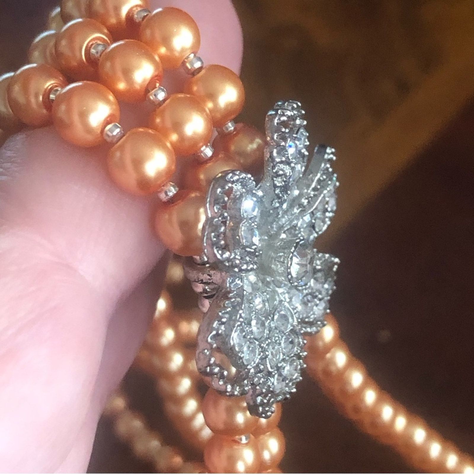Handmade Handcrafted triple strand golden peach pearl necklac Size ONE SIZE - 11 Thumbnail