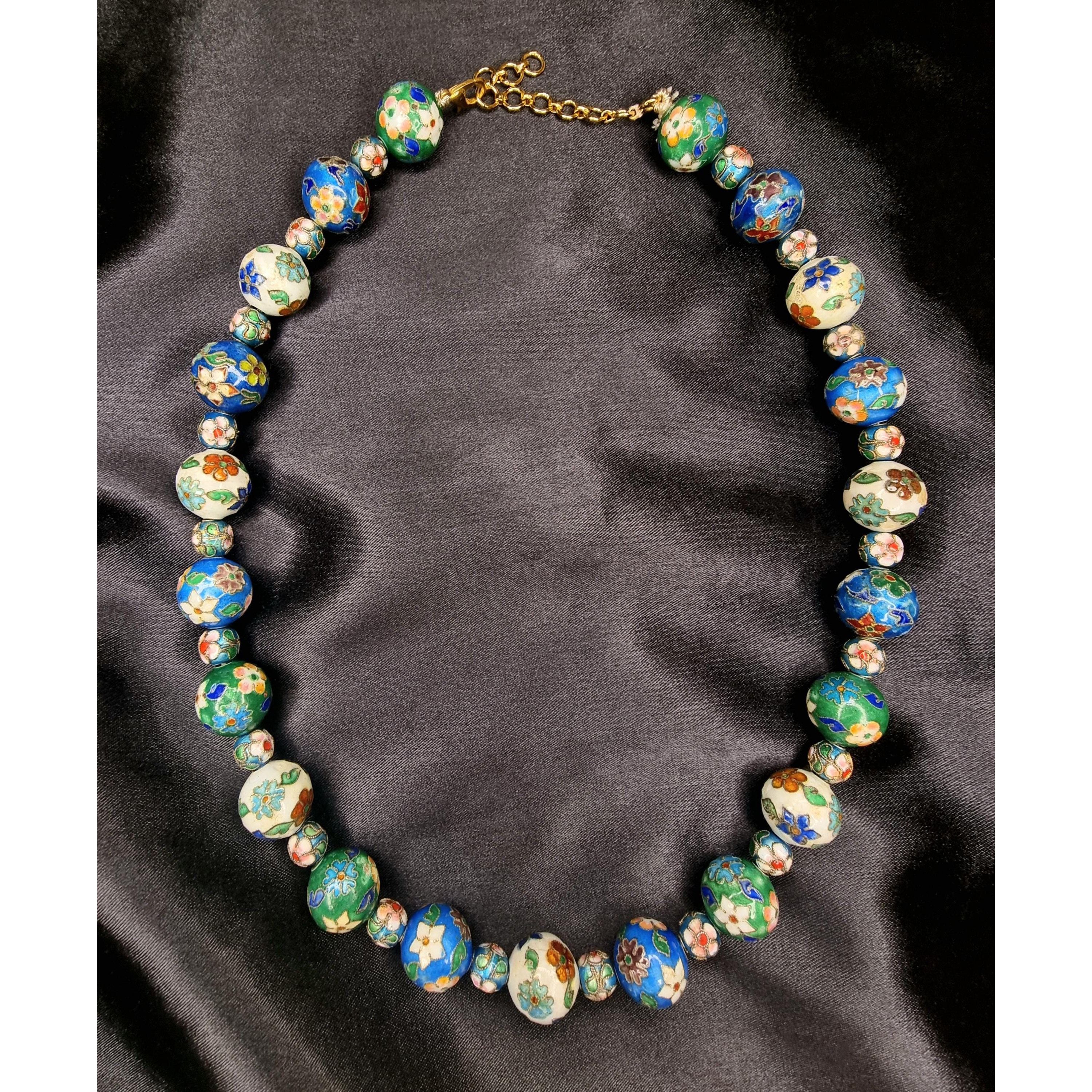 Vintage Vintage Asian Cloisonne Blue Green White Floral Flowers Bead Size ONE SIZE - 2 Thumbnail