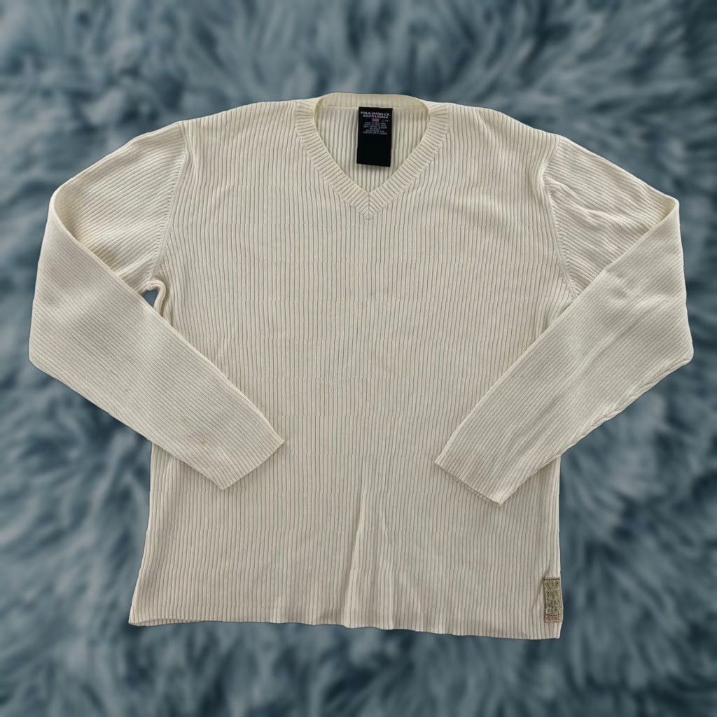 Vintage VINTAGE Polo Jeans Co. Striped Sweater Adult Large White Long Sleeve V-Neck Pullover Mens Size US L / EU 52-54 / 3 - 1 Thumbnail