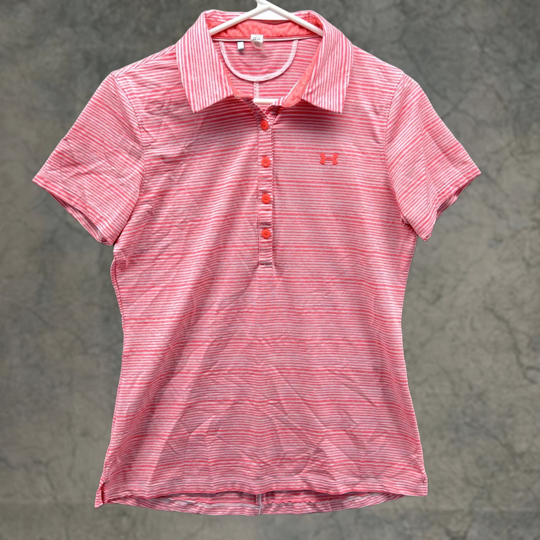 Under Armour Under Armour Polo Shirt Womens M Pink Stripe HeatGear Golf Stretch Top Size M / US 6-8 / IT 42-44 - 1 Thumbnail