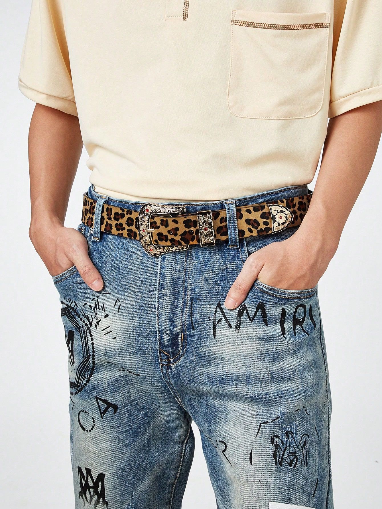 Designer × Vintage Leopard Engraved Metal Buckle Jeans Belt Size ONE SIZE - 1 Thumbnail