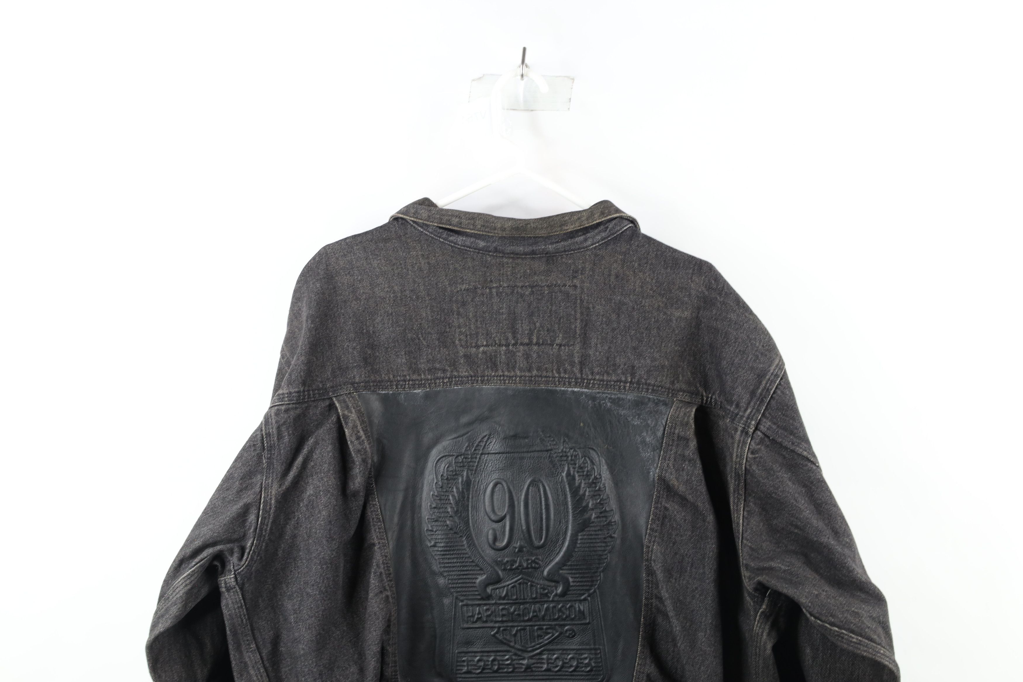 Harley Davidson × Vintage Vintage 90s Harley Davidson Leather Denim Trucker Jacket Size US XL / EU 56 / 4 - 10 Thumbnail
