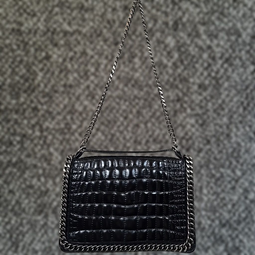 Zara Zara Women Leather Shoulder Bag Purse Heavy Chain Strap Crocodile Texture Black Rockabilly Gothic Punk Rock Bag Womens Medium Size ONE SIZE - 1 Thumbnail
