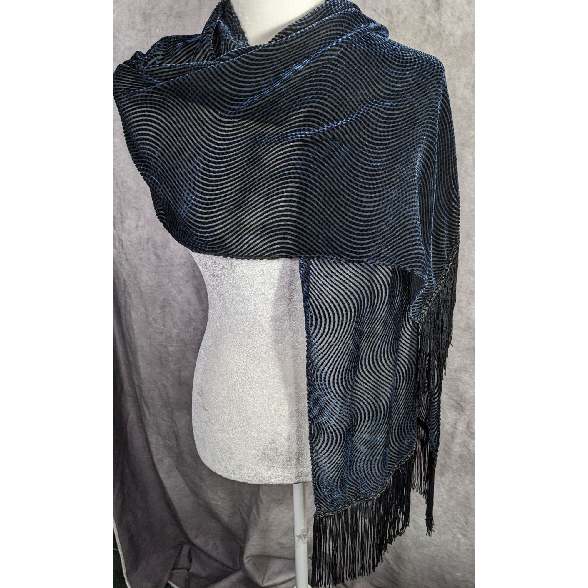 Other Joann Chaimson Blue Burnt Velvet Fringe Scarf Wrap 60x14 Inc Size ONE SIZE - 12 Thumbnail