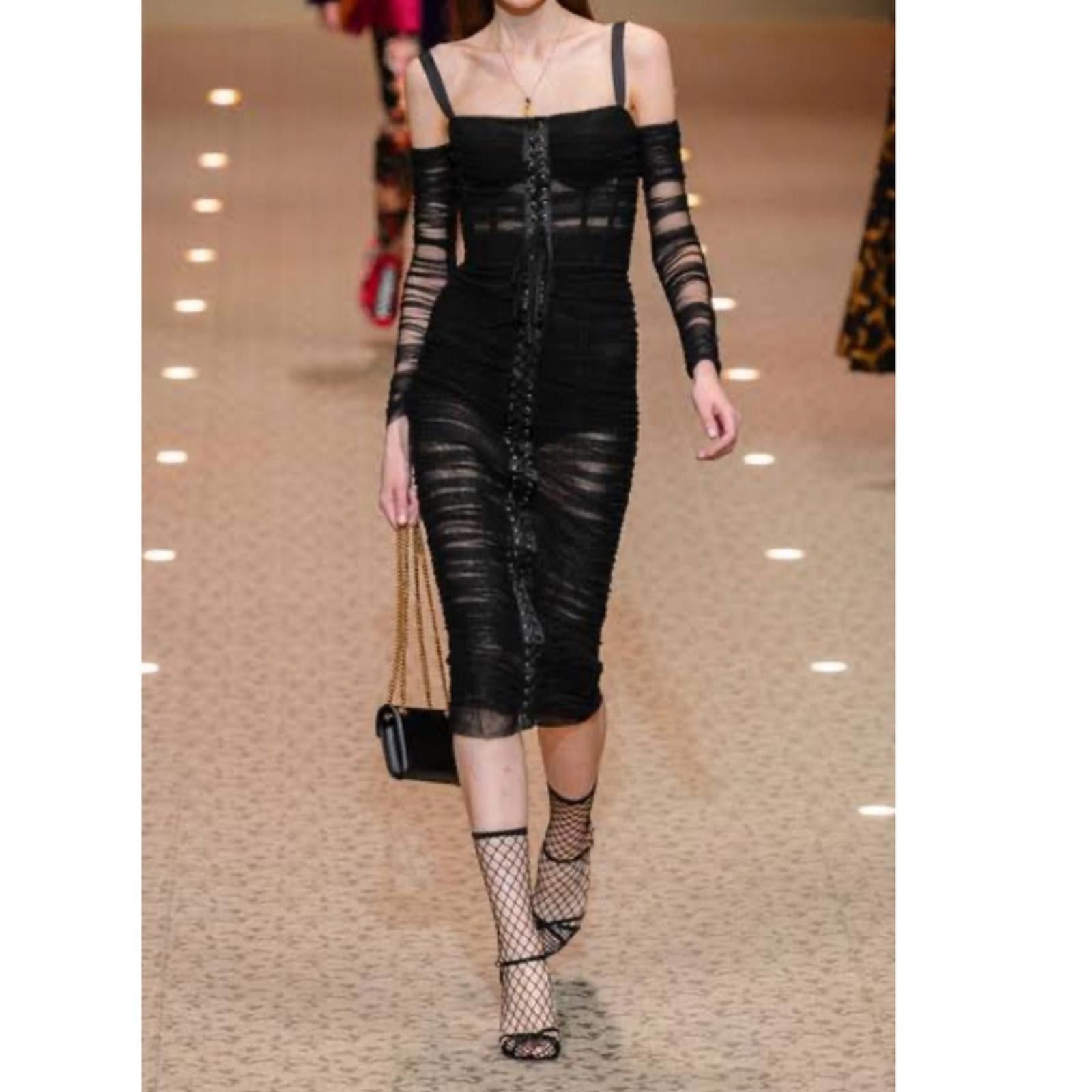 Dolce & Gabbana Dolce & Gabbana LACE-UP STRETCH-TULLE MIDI DRESS IN BLACK Size XS / US 0-2 / IT 36-38 - 7 Thumbnail