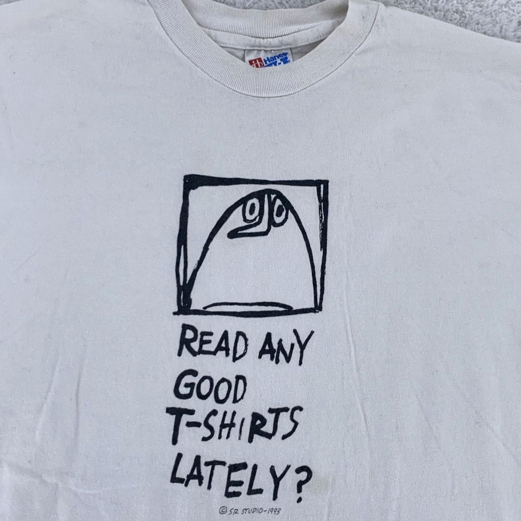 Hanes VINTAGE Read Any Good T-Shirts Lately? Shirt Mens XL Art SR Studio Funny Joke T-Shirt Mens XL White Graphic Print 90s SR Studio Mens Clothing Size US XL / EU 56 / 4 - 2 Thumbnail