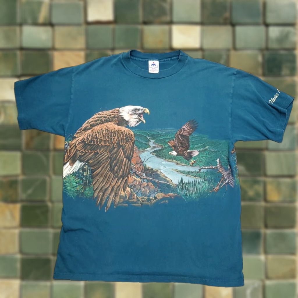 Vintage VTG Glacier Park Shirt Mens XL Teal Bald Eagle Single Stitch 90s Made in USA AOP Size US XL / EU 56 / 4 - 1 Thumbnail