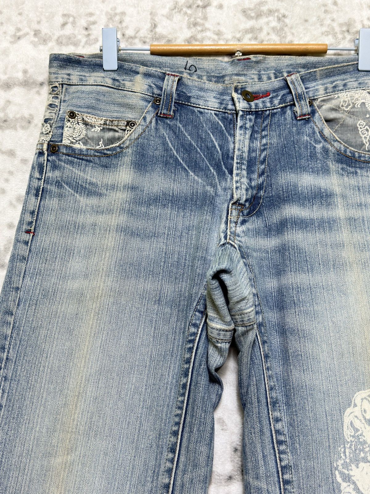 Karakuri Tamashii Tuwamono Japan Dragon Acid Wash Distressed Cropped Denim Size US 33 - 4 Thumbnail