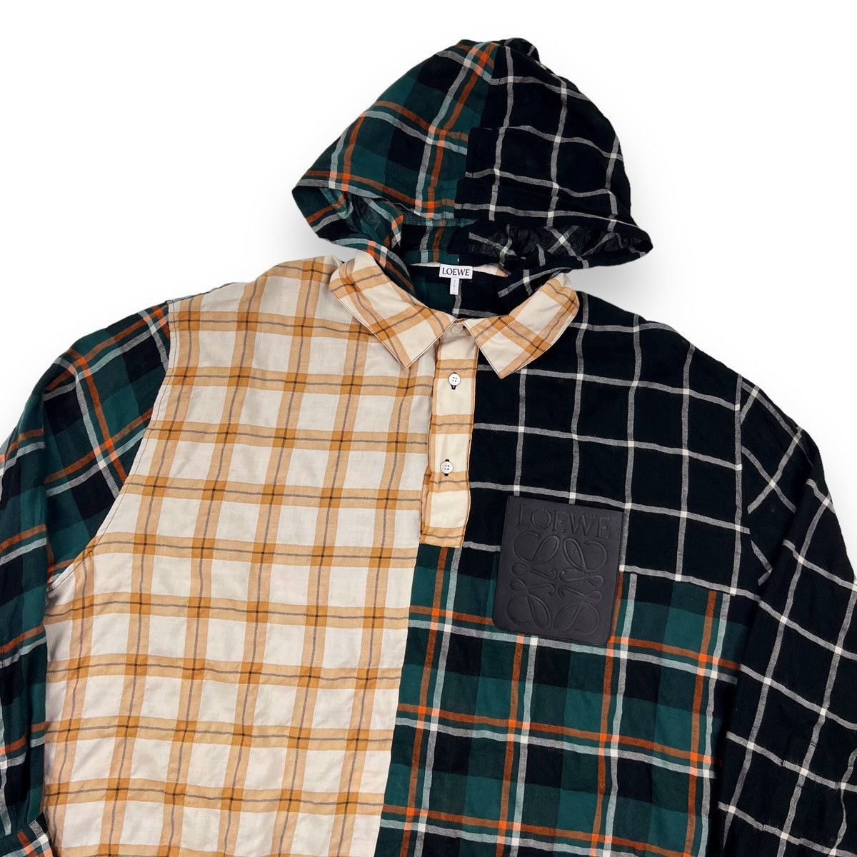 image of Loewe Oversize Patchwork Hooded Check Shirt in Orange, Men's (Size XL)