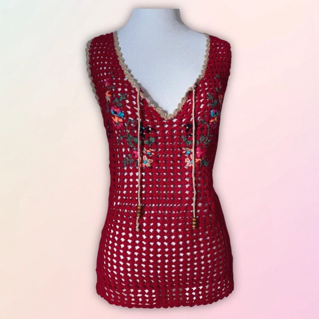 Handmade × Vintage VTG, Handmade, Open Knit, Embroidered Tank Top Size L / US 10 / IT 46 - 1 Thumbnail