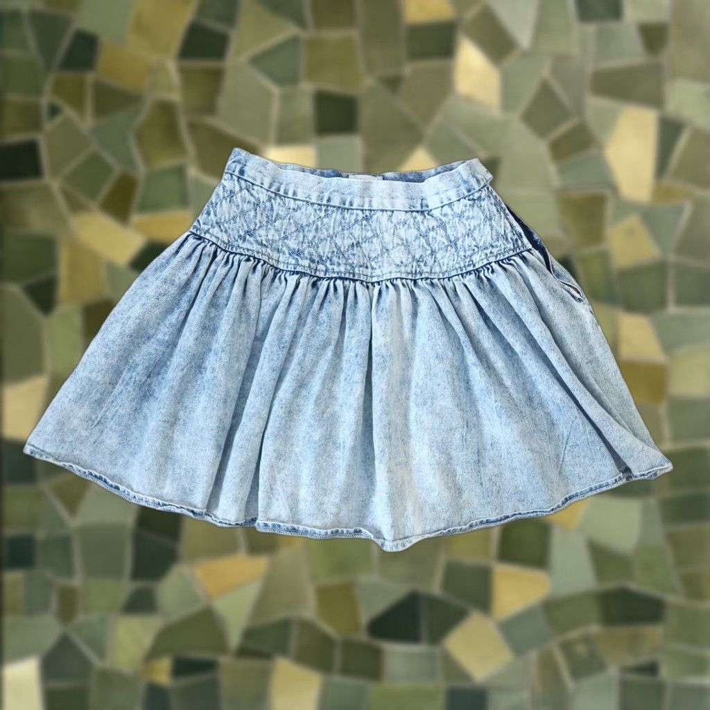 Denime Vintage 80’s Taboo Light Acid Wash Quilted Blue Denim Mini Skater Skirt 24″ Adult Regular Cotton 1980S Glam Rock Casual Mens Womens Girls