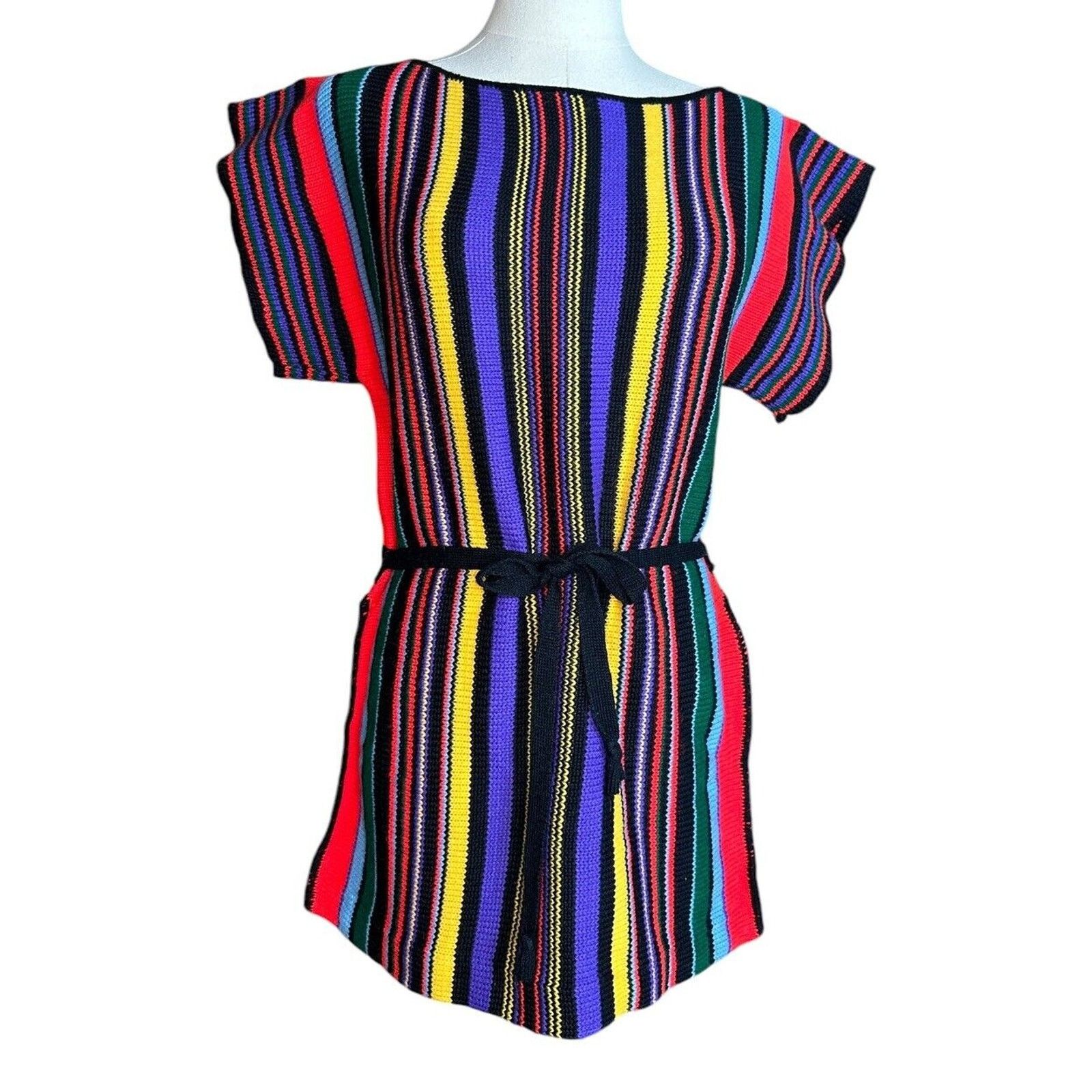 Other Vtg 70s Rainbow Striped Tunic Sweater Short Sleeve Belted S? Size S / US 4 / IT 40 - 1 Thumbnail