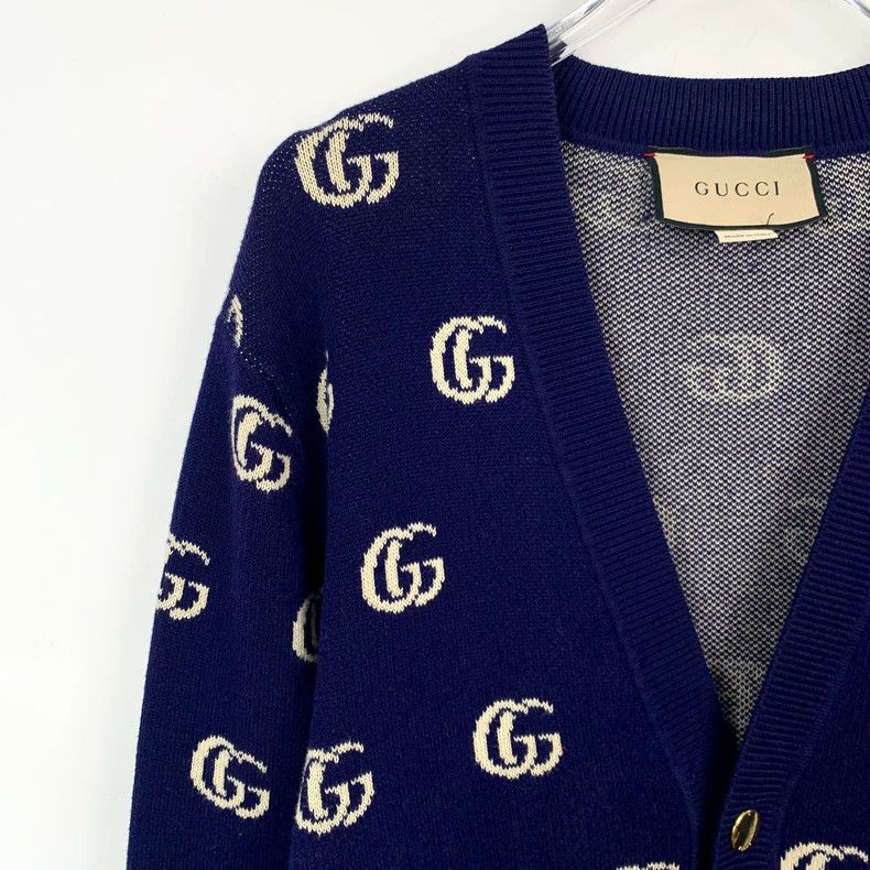 Gucci Gucci Dark blue logo jacquard full-print V-neck cotton knit Size US S / EU 44-46 / 1 - 3 Thumbnail