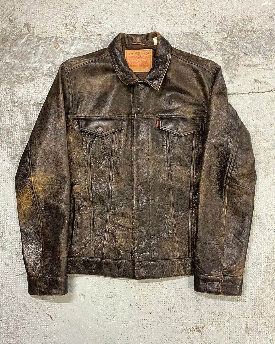 Levi's Levi’s Buffalo Brown Faded Leather Trucker Jacket Size US M / EU 48-50 / 2 - 1 Thumbnail