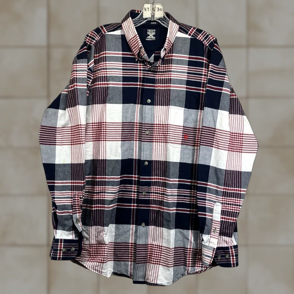 Wrangler VINTAGE Wrangler Shirt Men Large Plaid Western Button-Up 90s Retro Casual Cotton Navy Red White Size US L / EU 52-54 / 3 - 1 Thumbnail
