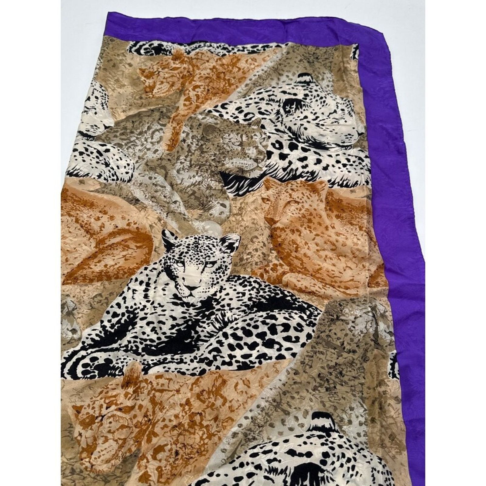 Albert Nipon Albert Nipon Scarf Vintage Leopard Print Purple Trim Silk Size ONE SIZE - 1 Thumbnail