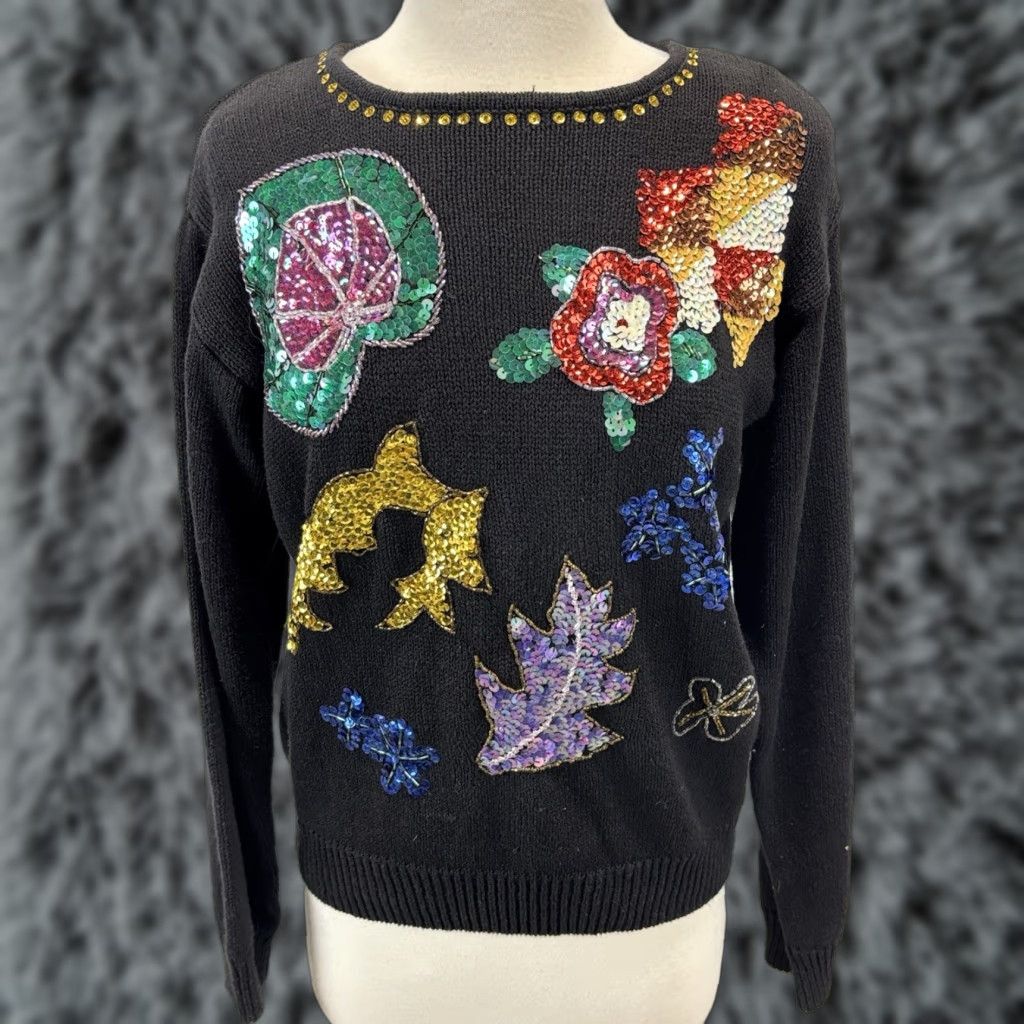 Vintage VINTAGE Work In Progress Sweater Shirt Women’s M Black Sequin 90s Floral Knit Ramie Blend Size M / US 6-8 / IT 42-44 - 1 Thumbnail