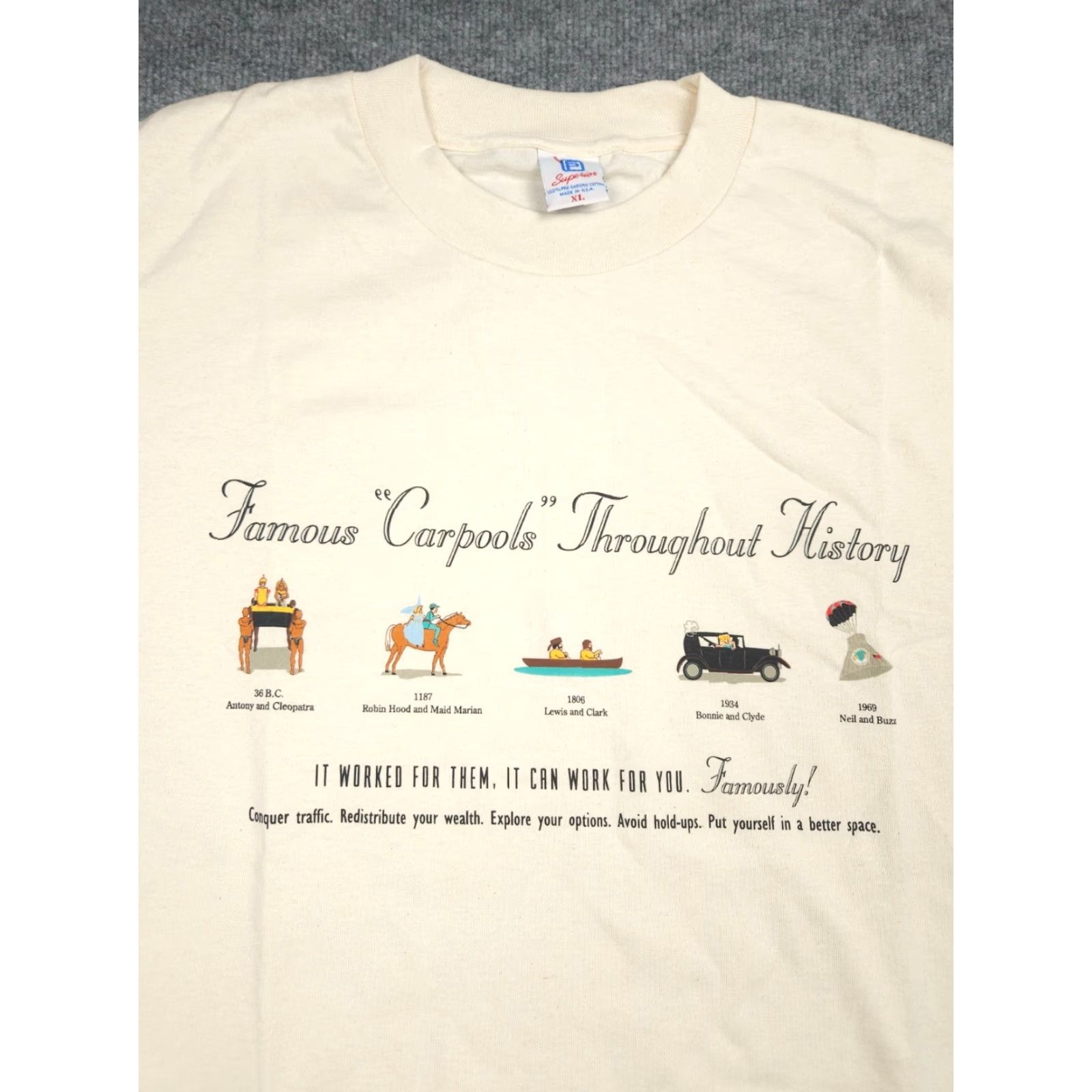 Vintage VINTAGE Superior Graphic T-Shirt Men XL White Beige Carpool Funny 90s USA Single Stitch Shirts Mens Size US XL / EU 56 / 4 - 2 Thumbnail