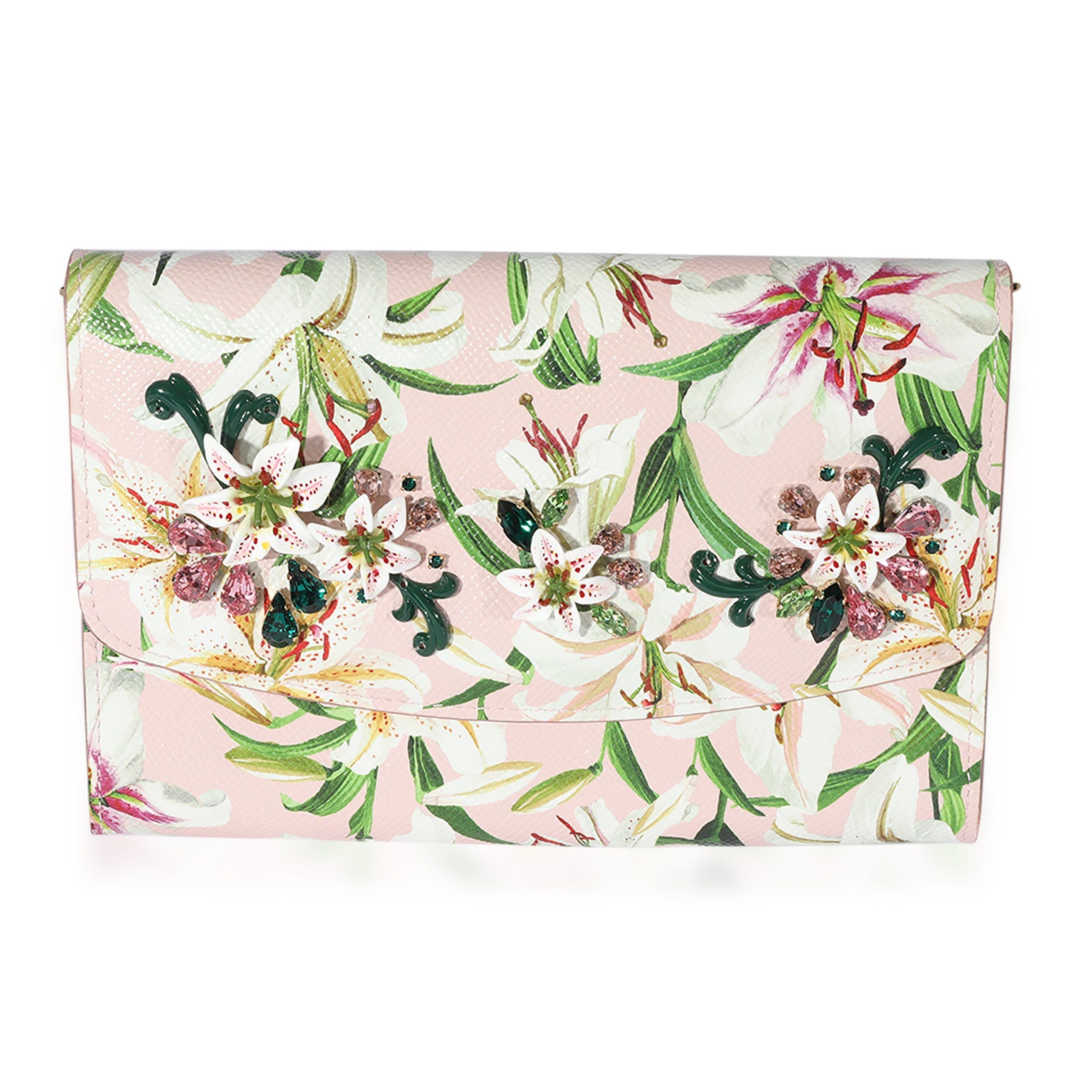 image of Dolce Gabbana Pink Floral Print Coated Canvas Embellished Clutch, Women's