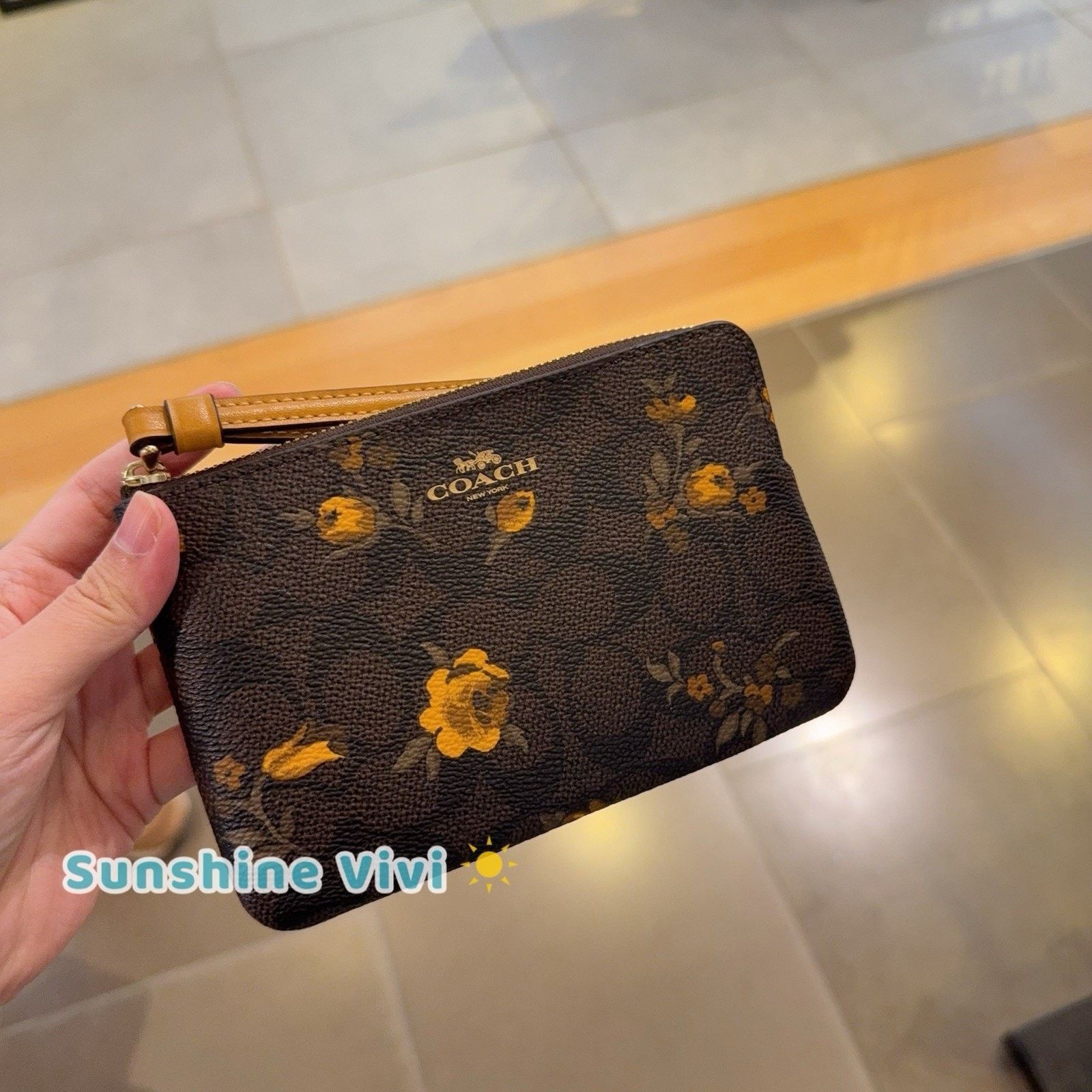 Coach NWT Coach Corner Zip Wristlet Floral CCL19 Walnut/Yellow Size ONE SIZE - 1 Thumbnail