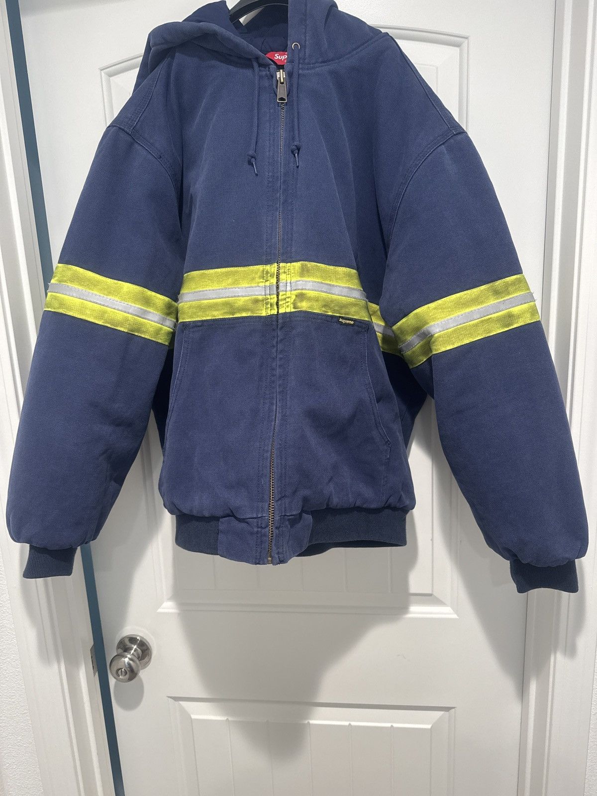 Supreme Supreme Reflective stripe hooded work jacket “navy” | Grailed
